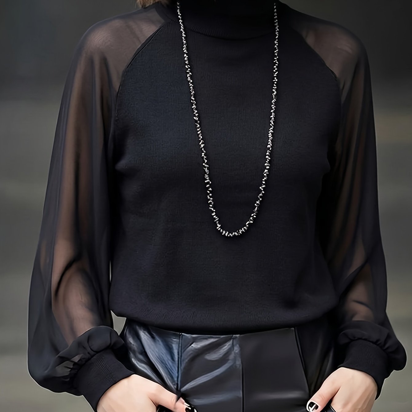 TEMU T-shirt élégant à col et panneau transparent en pour femmes, manches longues, couvre-vent décontracté et , tissu et confortable, idéal pour les