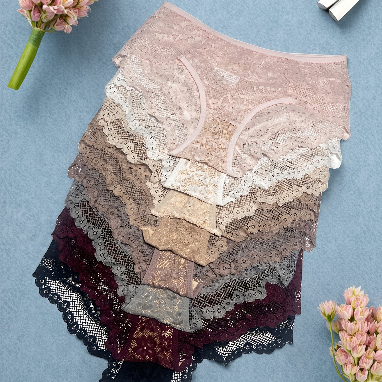 E-shop Damen 8er-Pack Blumen-Spitzen-Slips, Einfarbiges Blumen-Spitzen-Design mit -Detail, Niedlicher Stil, Atmungsaktives Bequemes