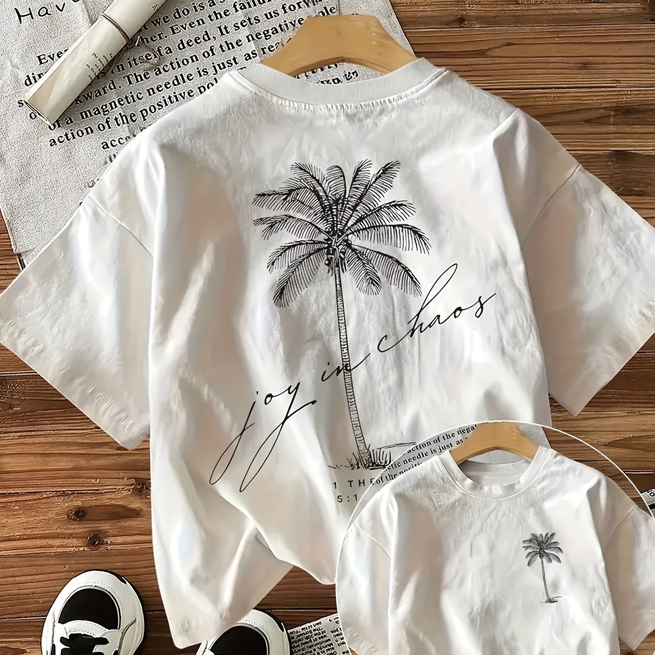 E-shop Damen T-Shirt mit Palmen-Print, Casual Rundhals Kurzarm-Oberteil, Ganzjahres-Stoff, 180g/m² - Sommer- Frühlingsmode-Stil