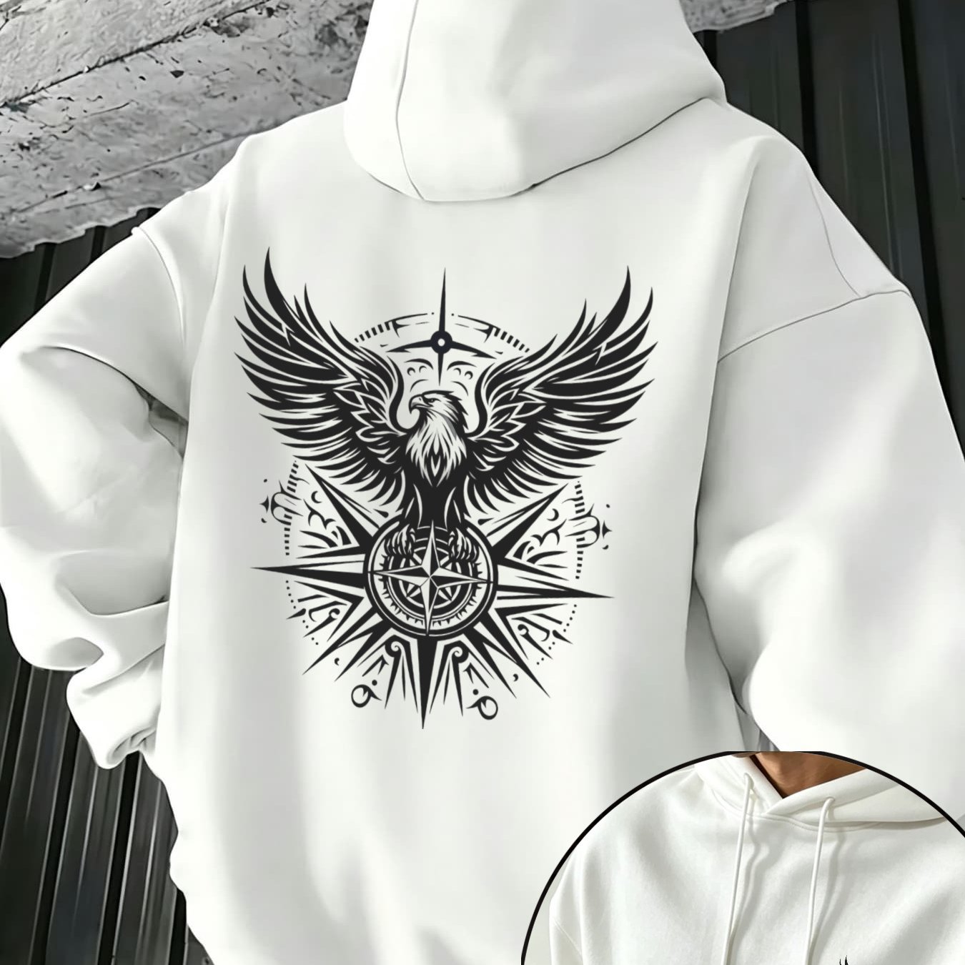 Image of Autumn Winter New Fleece Hoodie For Men, Oversized Pullover With Black Wings & Compass Print, Style, Loose Drop Shoulder