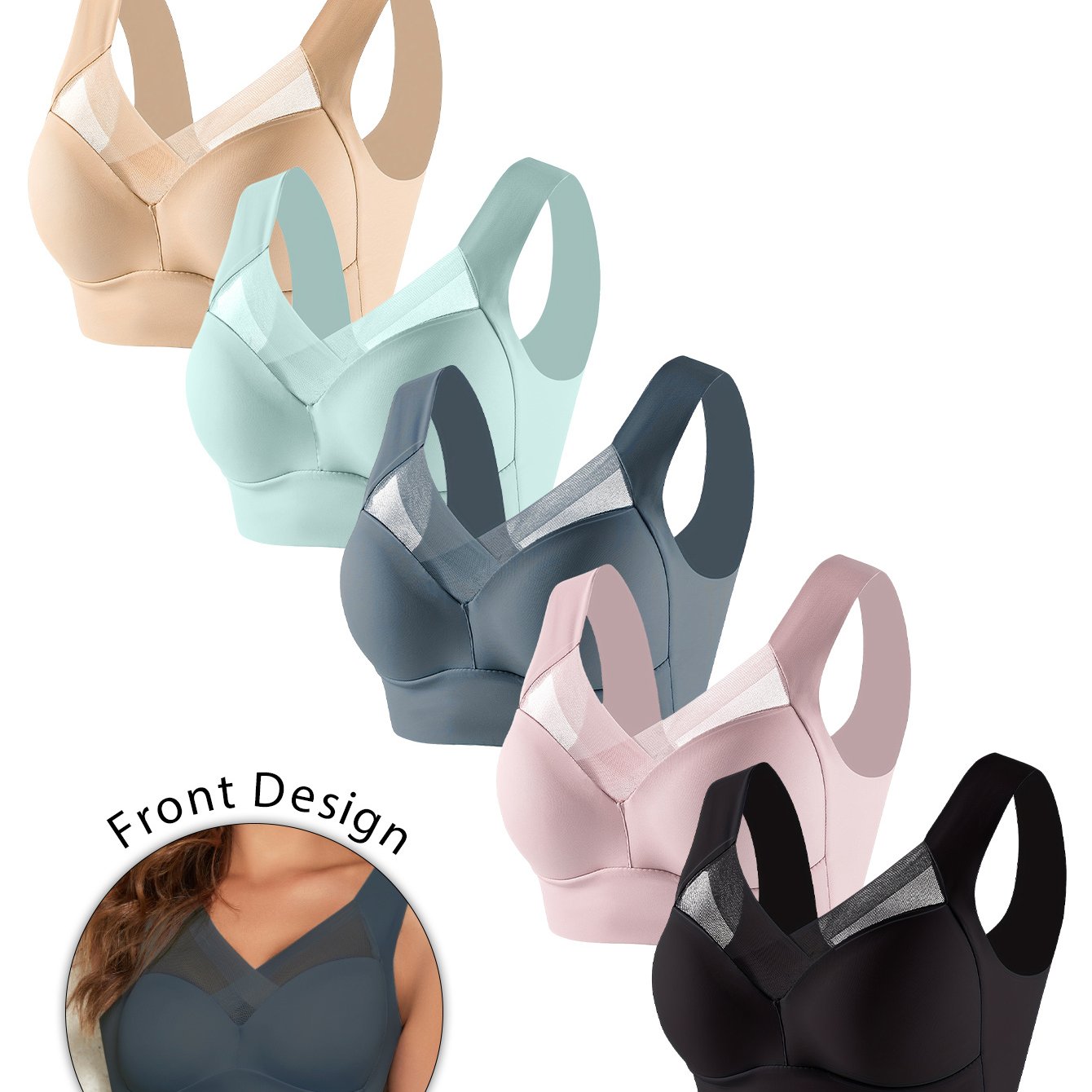 Image of 5pcs Set Women' Anti-sag Casual Bra Wireless Fixed Cup Pad Wide Strap -one Back And Body Shaping Style Suitable For Daily Occasions