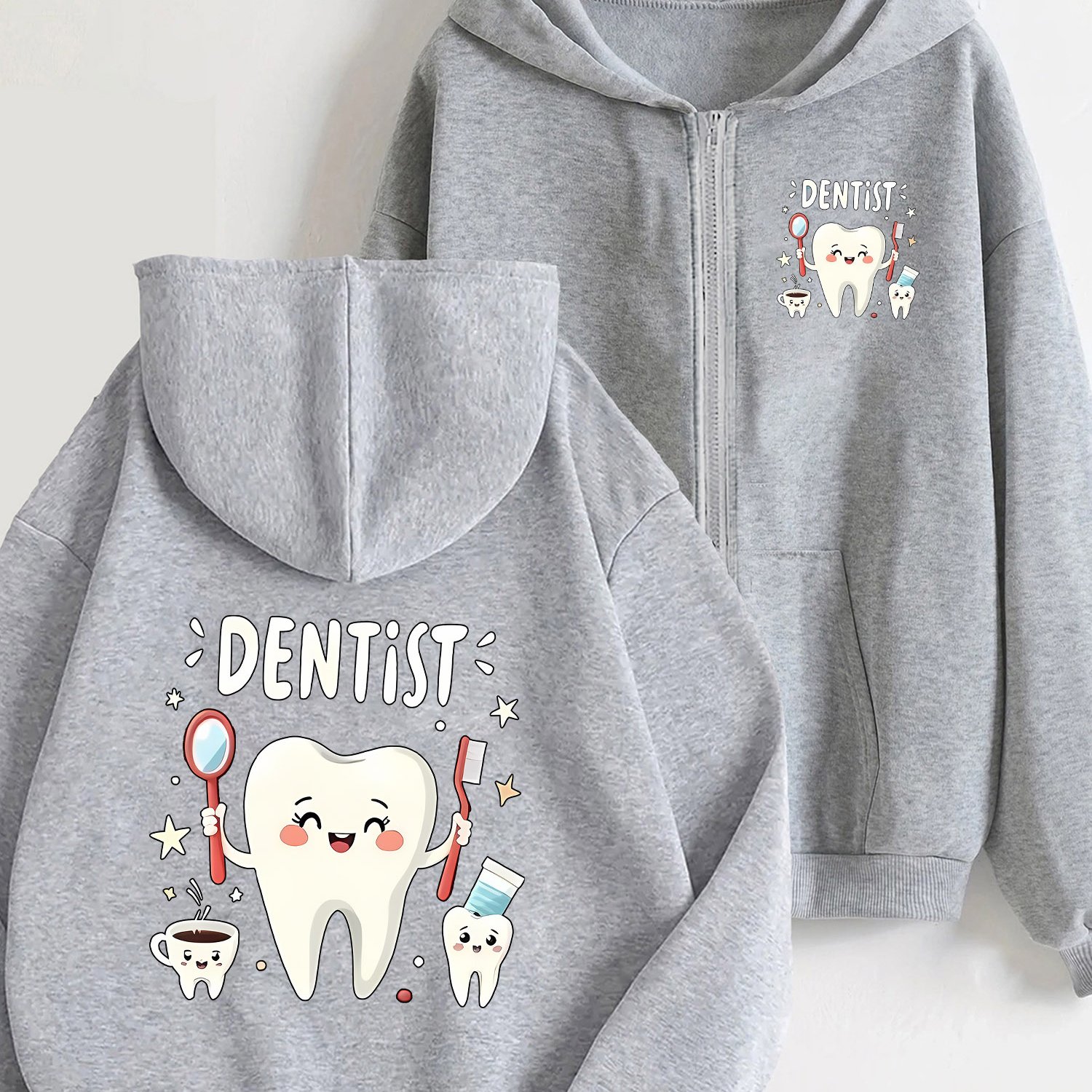 TEMU Felpa con cappuccio da donna con zip e motivo cartone animato con "Dentista", pullover casual con frontale, fibra lavabile in lavatrice, stile