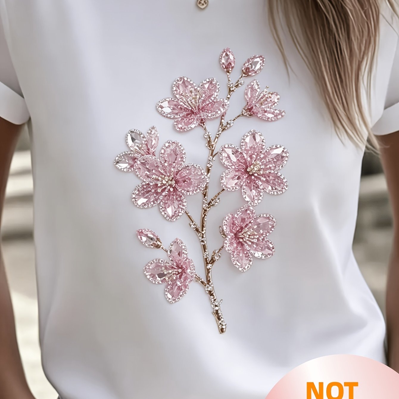 TEMU Plus Size, Plus Size Women Rhinestone Look Pink Cherry Branch Graphic Short Sleeve Tee, Crew Neck Loose Fit Floral Summer Tops, Non Glitter