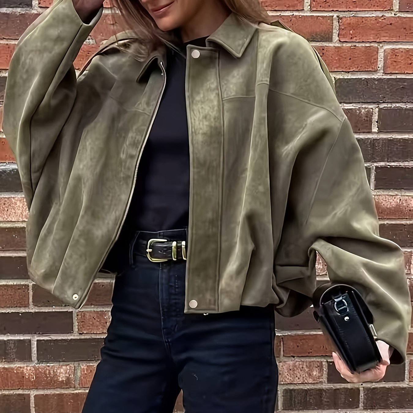 TEMU Women's Fashion Comfortable Loose Jacket = Women's Retro Lapel Button Zipper Style Lazy Style Autumn Outerwear