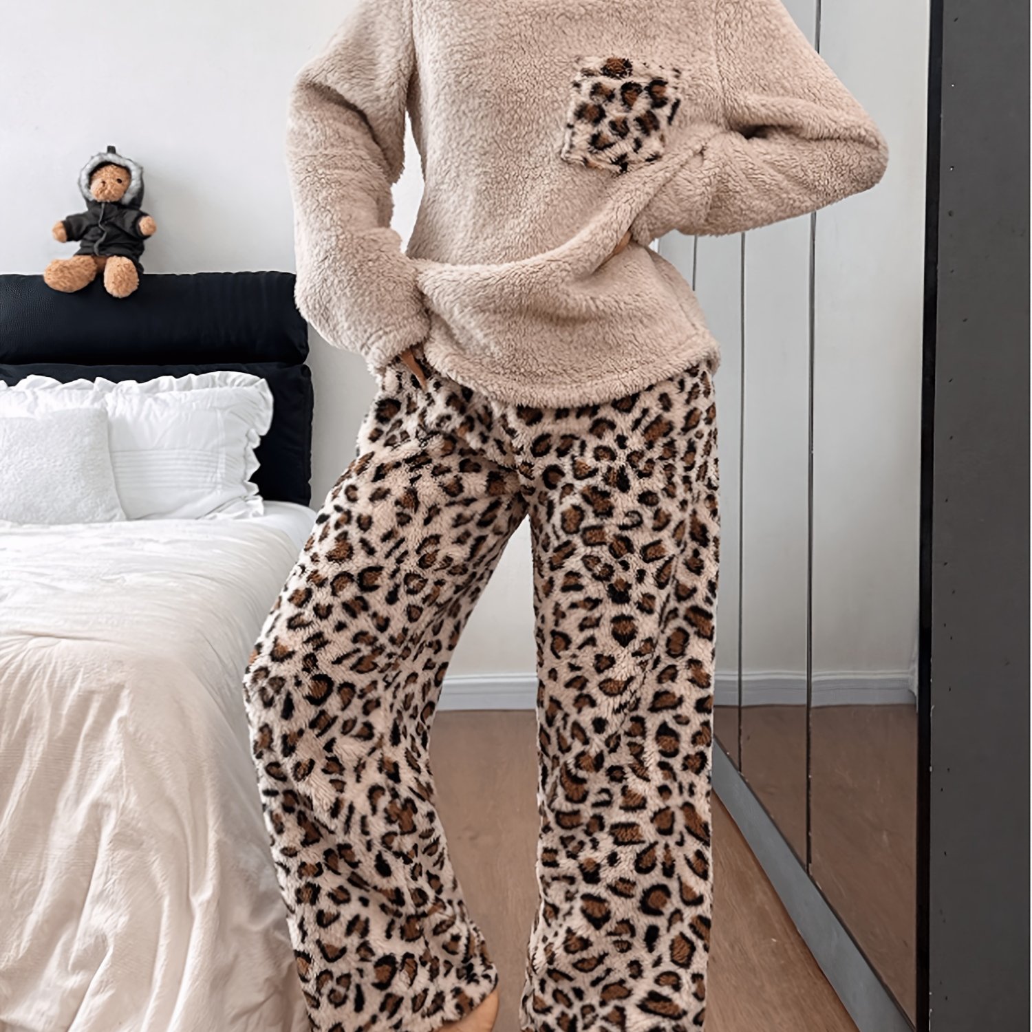 TEMU Women's Autumn Winter Warm Print Double-faced Fleece Home Casual Set