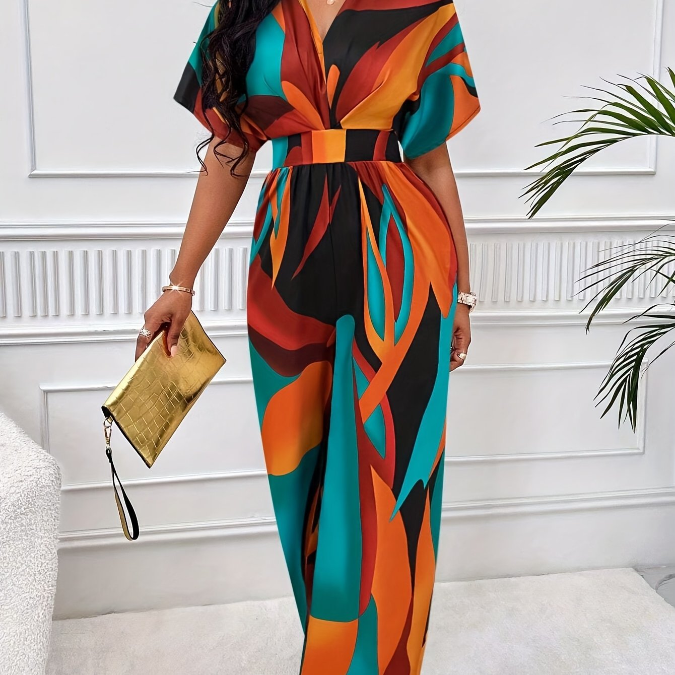 Image of Women's Batwing Sleeve Jumpsuit - V-neck Color Block Abstract Print Wide-leg Non-stretch Machine Washable Casual Vacation Resort Wear, Summer Fashion, Smooth Fabric
