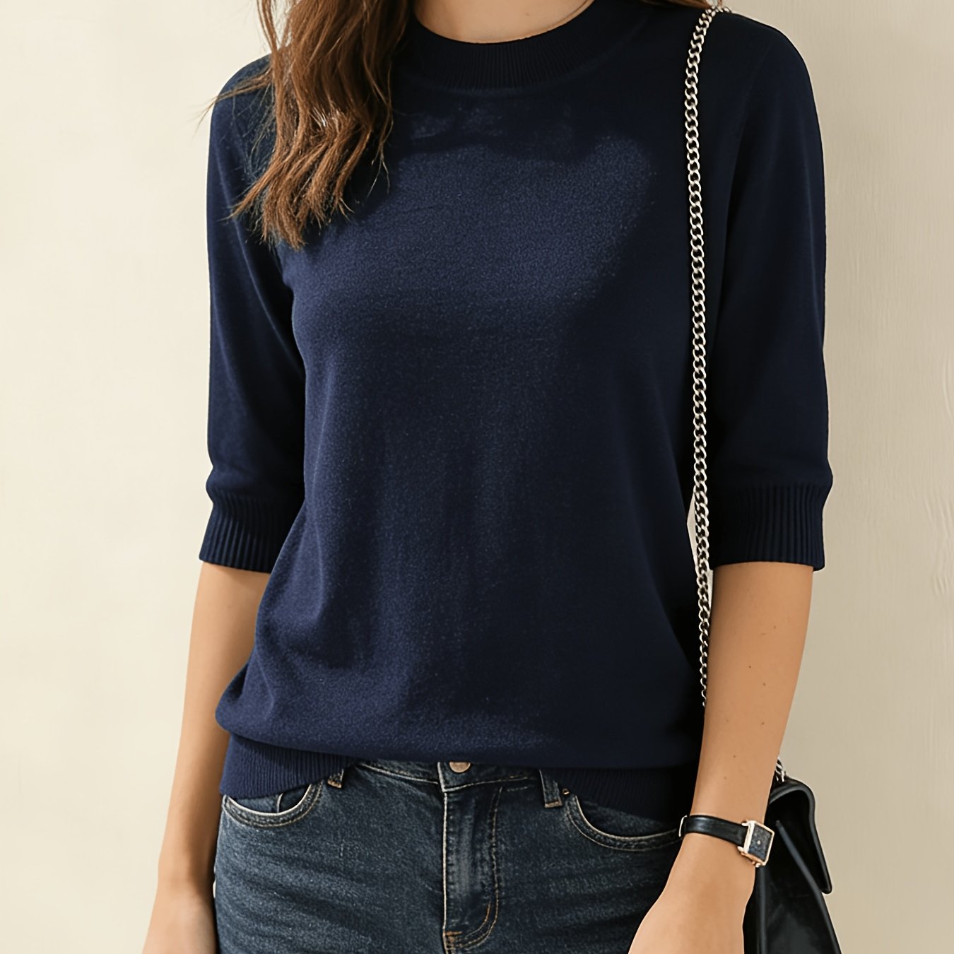 TEMU Fine-spun Round-neck Mid-sleeve Women's Pullover Top, Solid Color, /autumn Fashionable And Elegant Loose-fit Five-part Sleeve Base Layer