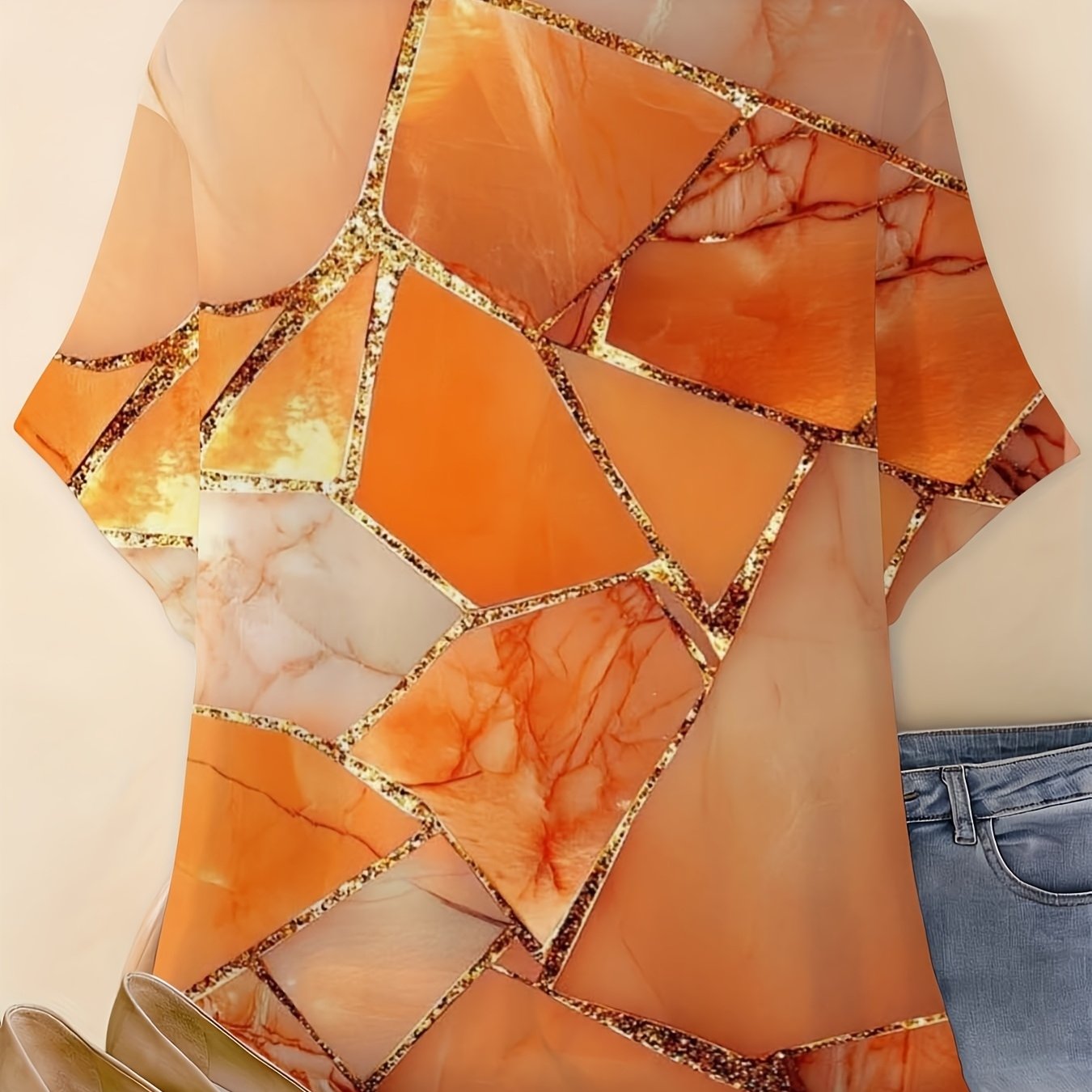 Image of Plus Size - Plus Size - Plus Size Festive Women's Round Neck T-shirt 0xl-7xl Orange Marble Print With Golden Accents For Casual Daily And Leisure