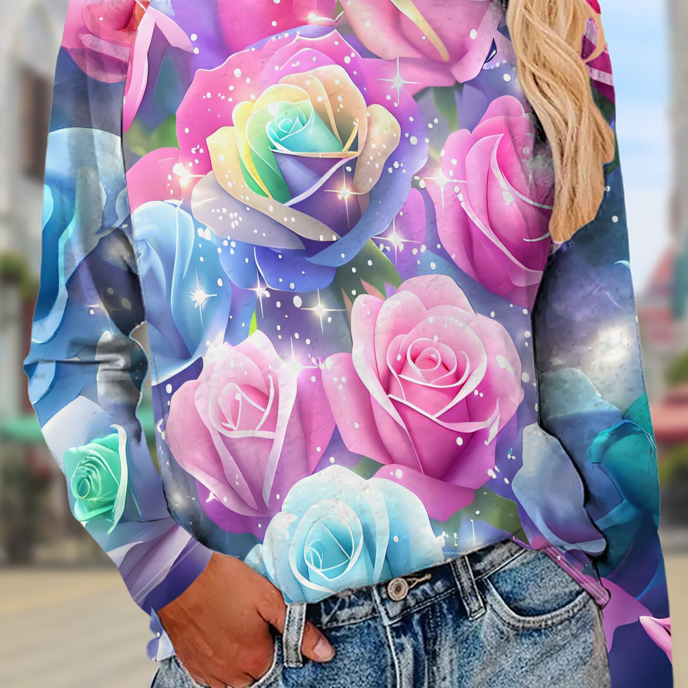 TEMU Women's Long Sleeve T-shirt, Polyester Fabric, Colorful Rose Pattern, Breathable And Comfortable, Fashionable Printed Top, Casual And Versatile,