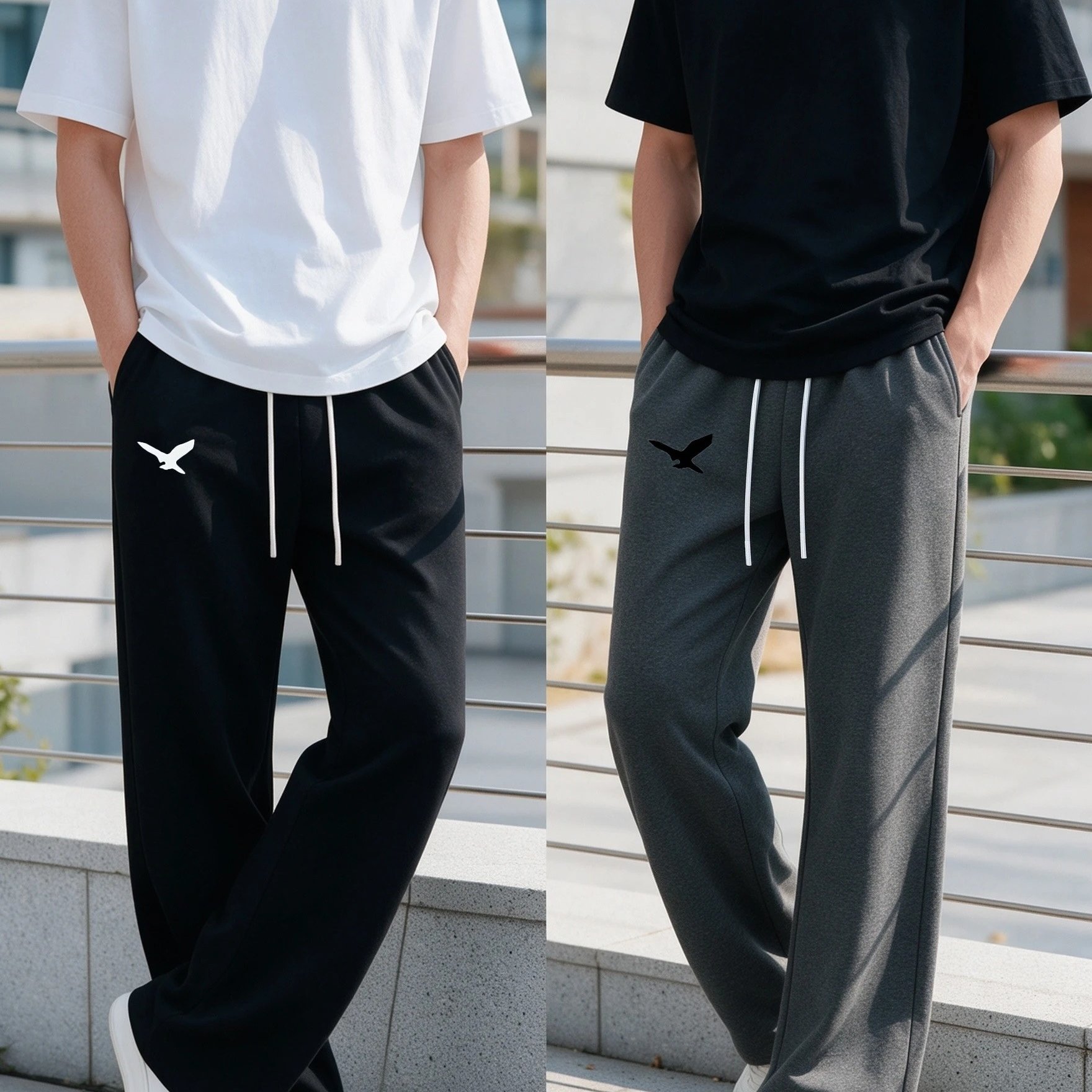 TEMU 2pcs Men's Eagle Print Wide Leg Sweatpants, Casual Loose Drawstring Waist Trousers, Comfortable Sports Pants For Daily And Streetwear