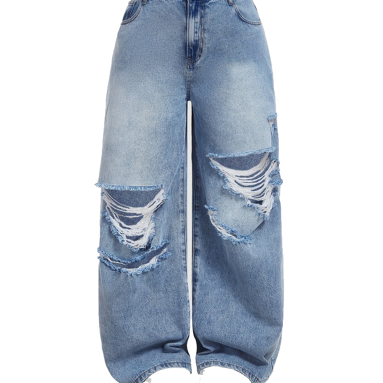 Image of Women's Plus Size Vintage Washed Ripped Wide Leg Jeans High Waist Loose Fit Streetwear Denim Trousers