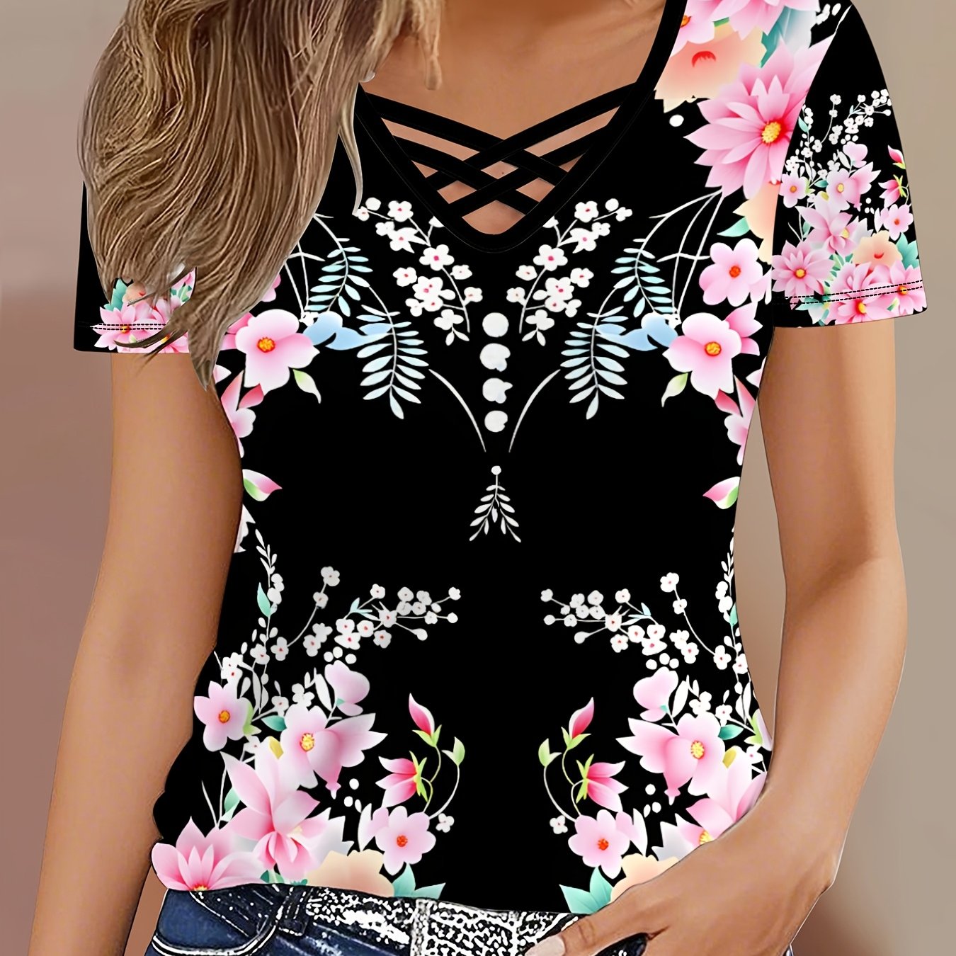 TEMU [targeted] [elegant Cross Design T-shirt] Summer New Cross V-neck Short-sleeved Women's T-shirt Slim-fit Slim And Sexy Hollow Out Bottoming Top