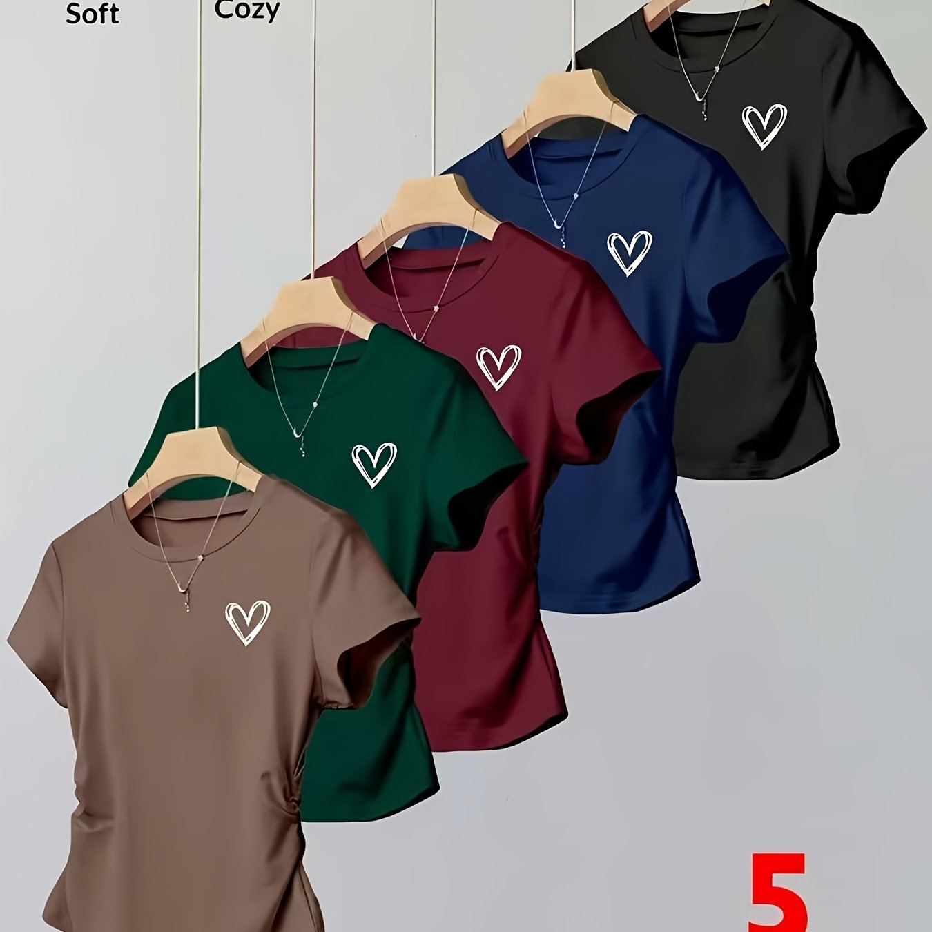 TEMU Plmm Spring/summer Fashion 5pcs Set Simple Heart Print T-shirt For Women, Side-waist Cinched Slim Fit Versatile Short Sleeve Top