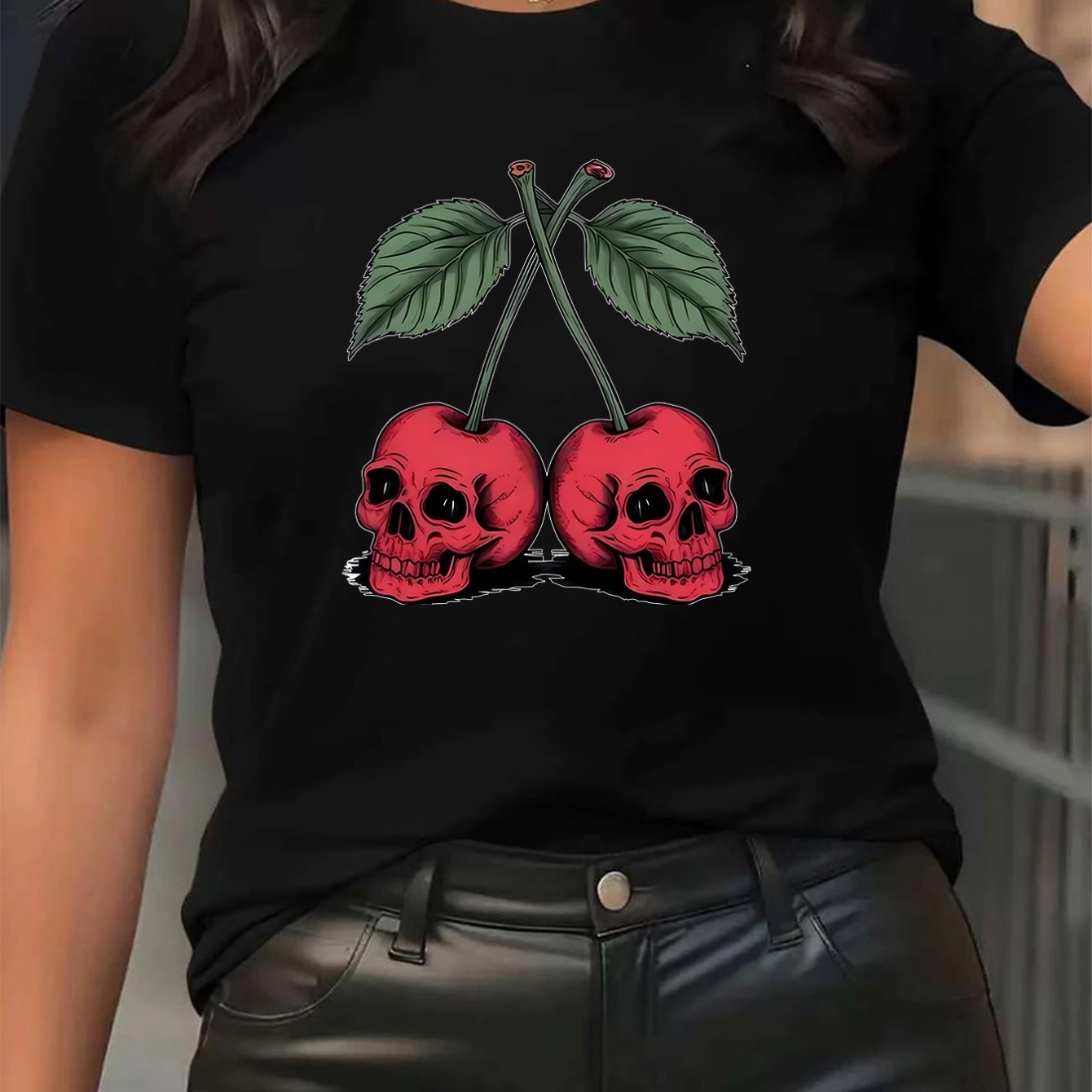 TEMU White And Featuring A Skull And Cherry Design, Perfect For Halloween . This Comfortable, Casual Round-neck Short-sleeve Top Is Suitable For Home