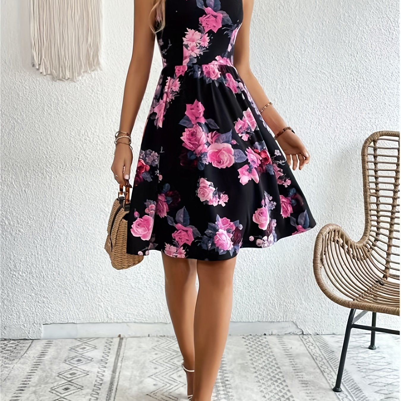 E-shop Damen Sommerkleid 2025, Elegantes Lässiges Schwarz Rosa Rosenmuster A-Linien Kleid für Strandurlaub