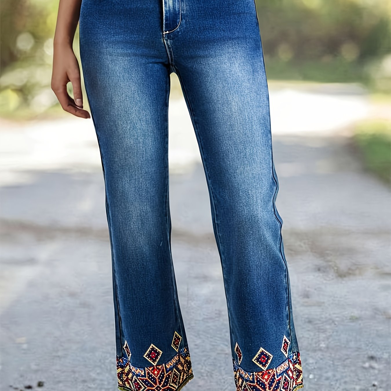 TEMU Jeans casuales y de moda para mujer, de tiro medio, elásticos, ajustados y de pierna , azul retro, con diseño de bordado estilo bohemio en el