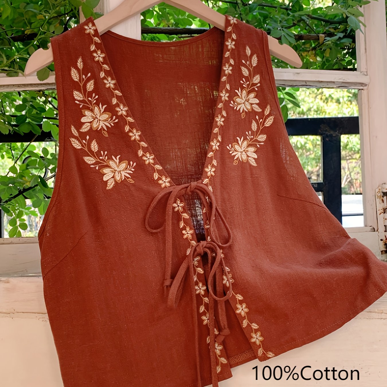 Image of Women's Summer Bohemian Style Floral Embroidery Front Tie Sleeveless Shirt, Women's Western Wear, Vacation Wear Top Blouse Vest Jacket