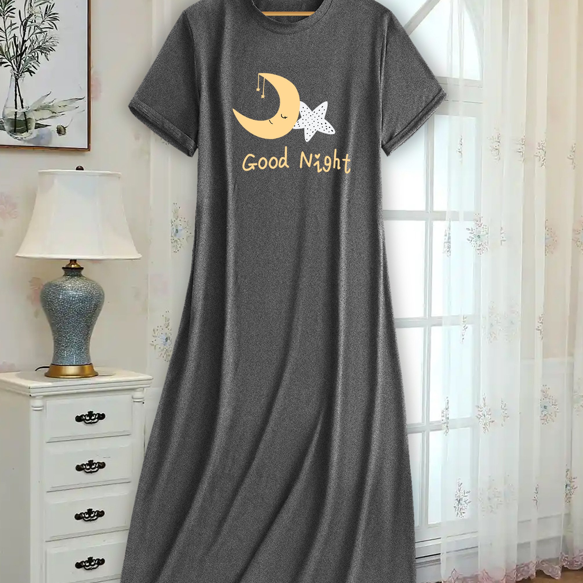 TEMU Women's Moon And Casual Dress, Round Neck, Short Sleeve, Loose Fit, Breathable, Nightwear, Suitable For Bedroom And - Overseas Printing