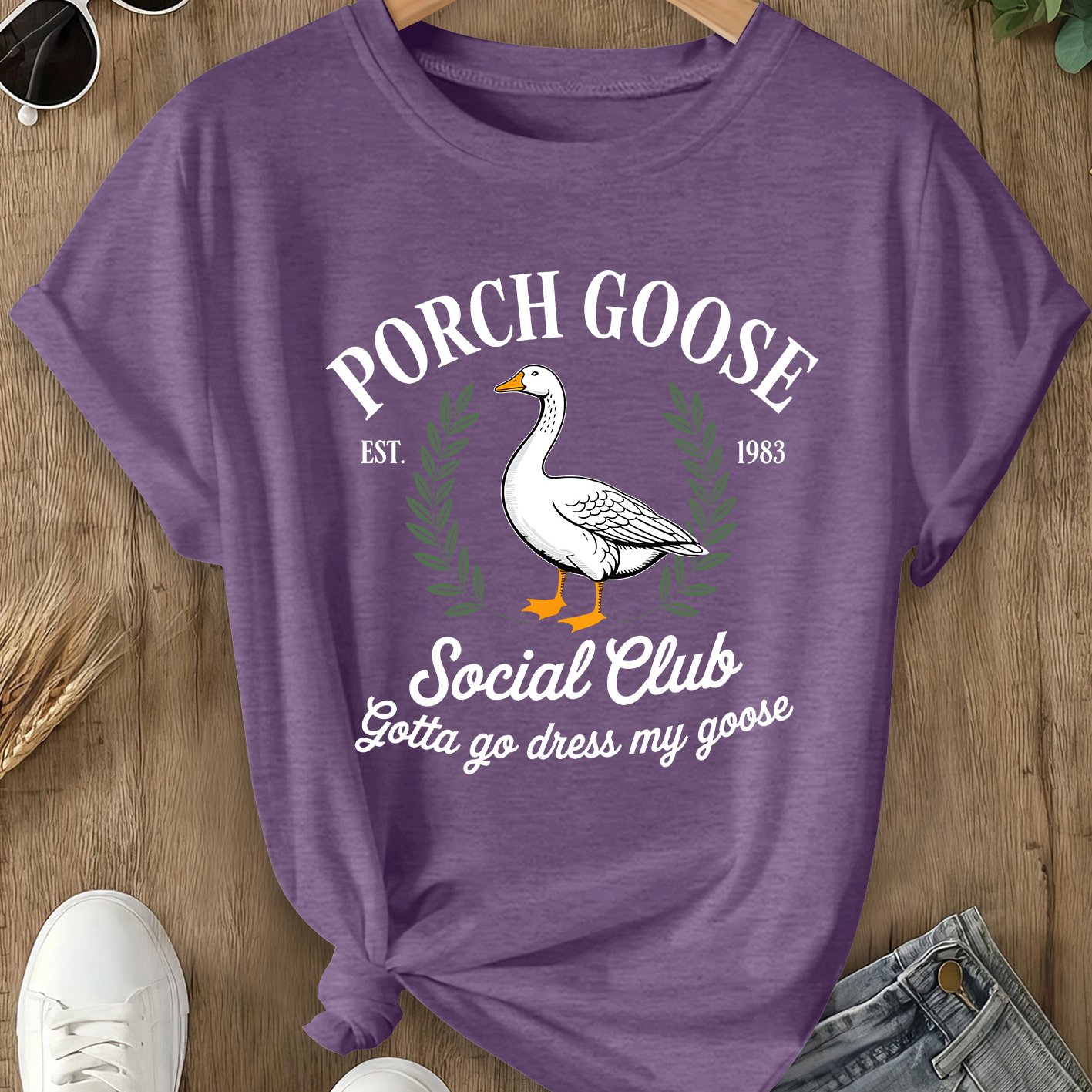 TEMU T-shirt élégant à manches courtes pour femmes PORCH GOOSE, imprimé social, printemps, été, automne, col rond, mode décontractée, athlétique, ,