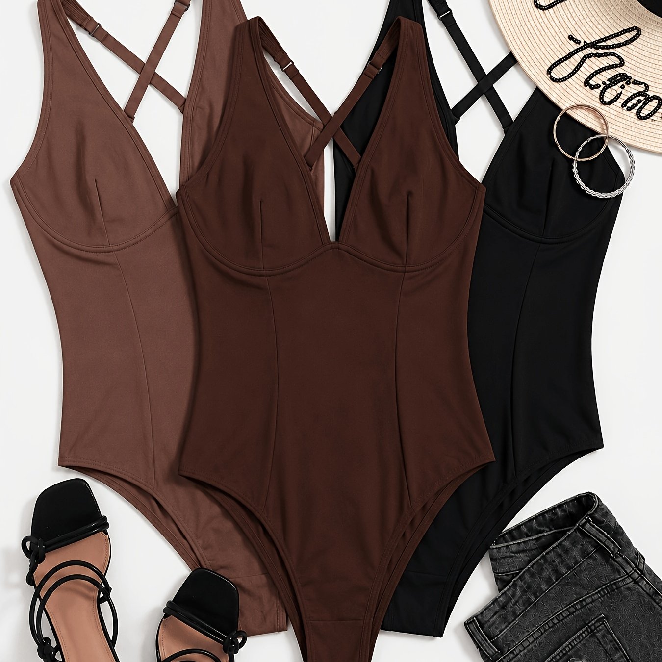 TEMU 3pcs Women's Sexy Bodysuit, Backless Criss-cross Spaghetti Strap, Sexy And Comfortable With A Large Open Back, Soft, Breathable, And Versatile