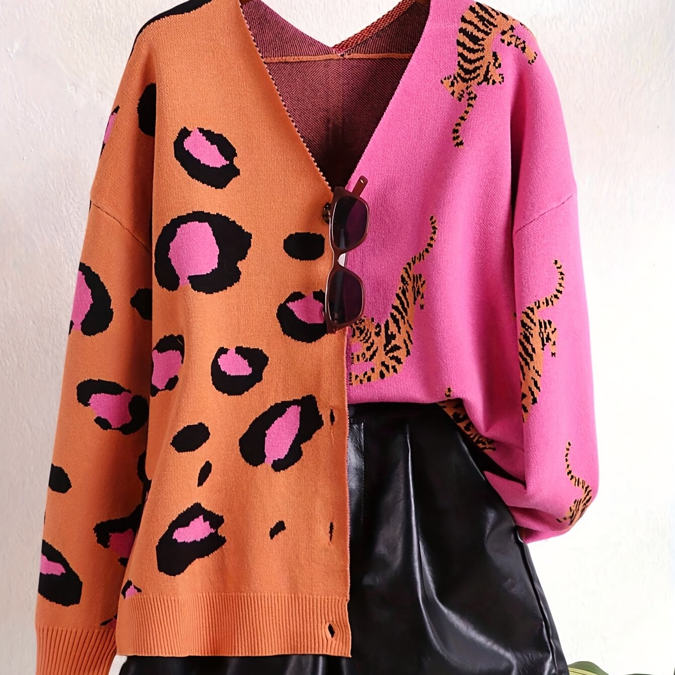 Women's Oversized V-neck Color-block Leopard And Tiger Print Cardigan