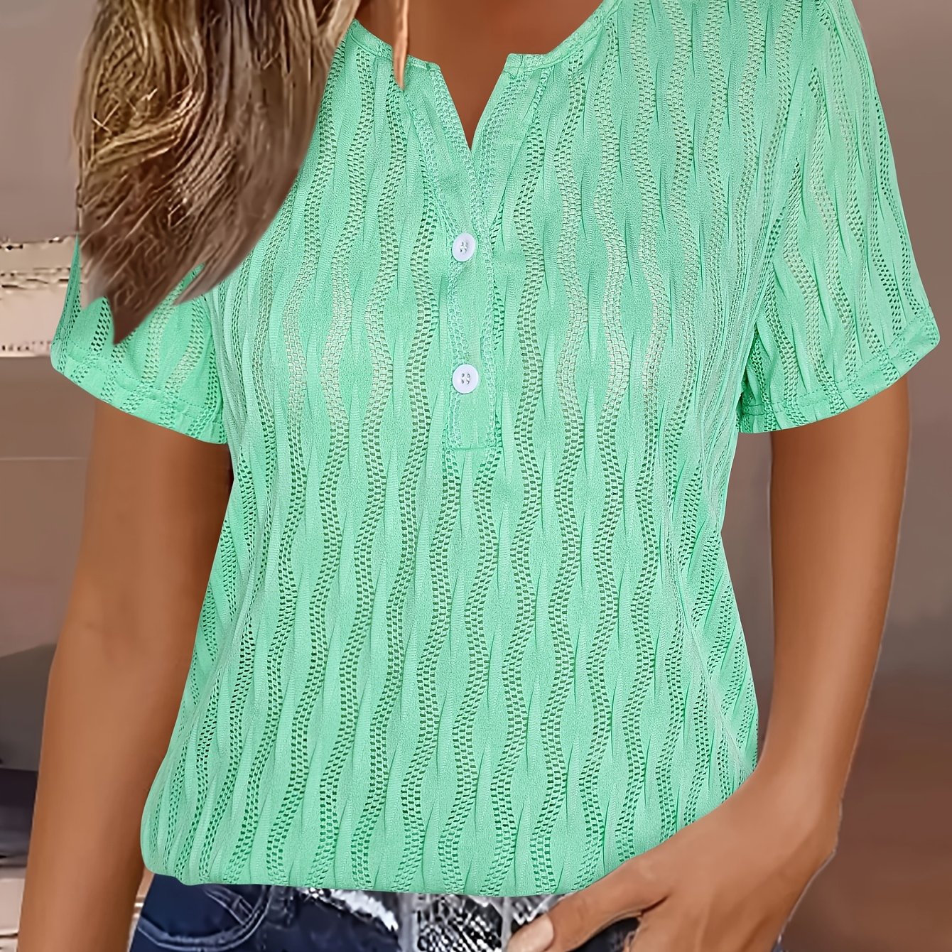 E-shop Lässiges V-Ausschnitt T-Shirt für Damen für Frühling/Sommer, Unifarben, , Knopfleiste, und Vielseitig, Bequeme Alltagskleidung, Ideal für und