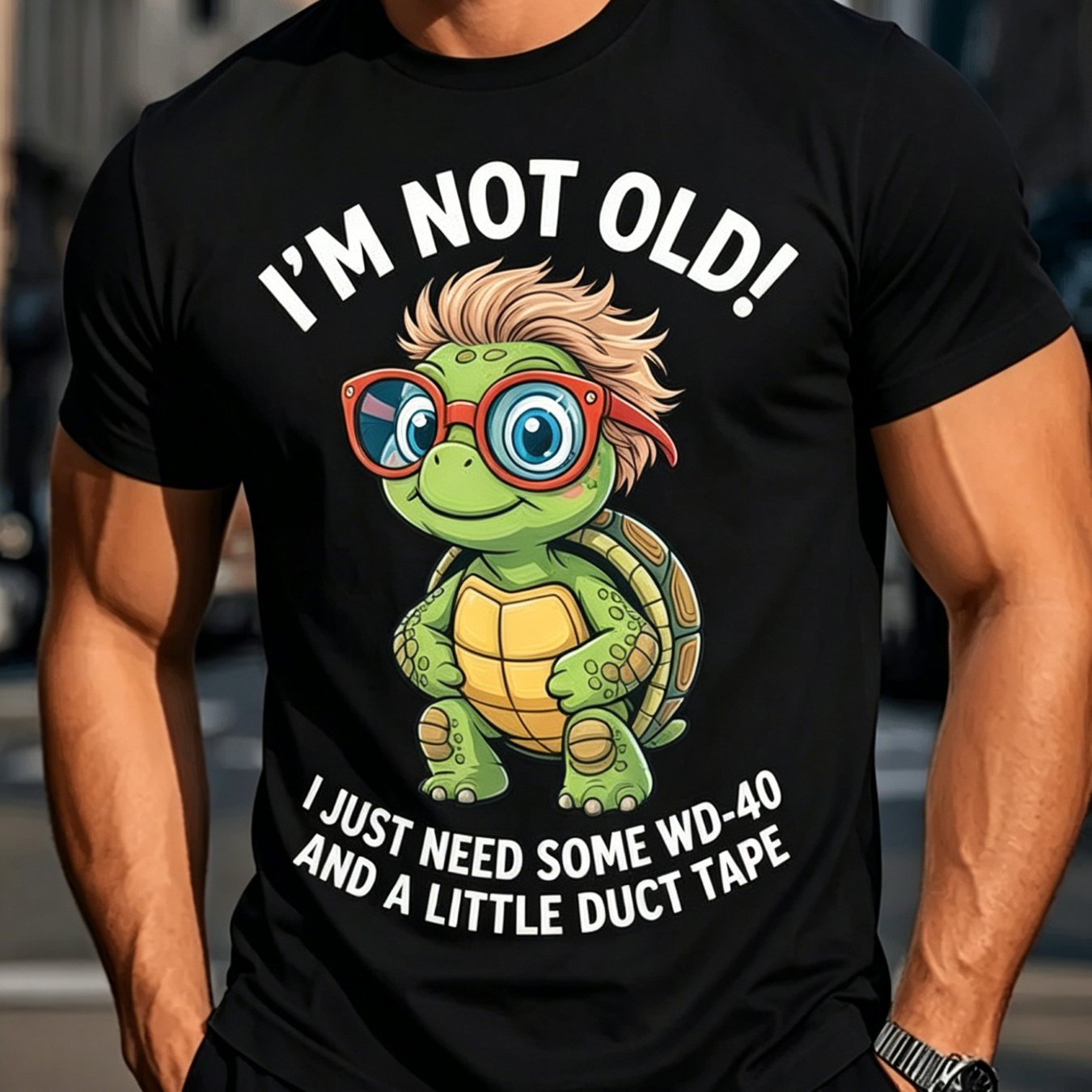 TEMU Men' & Women' " Old I'" Turtle Graphic T-shirt - Funny Anti-aging Slogan Crew Neck Short Sleeve Tee, Humorous Apparel Suitable For Halloween