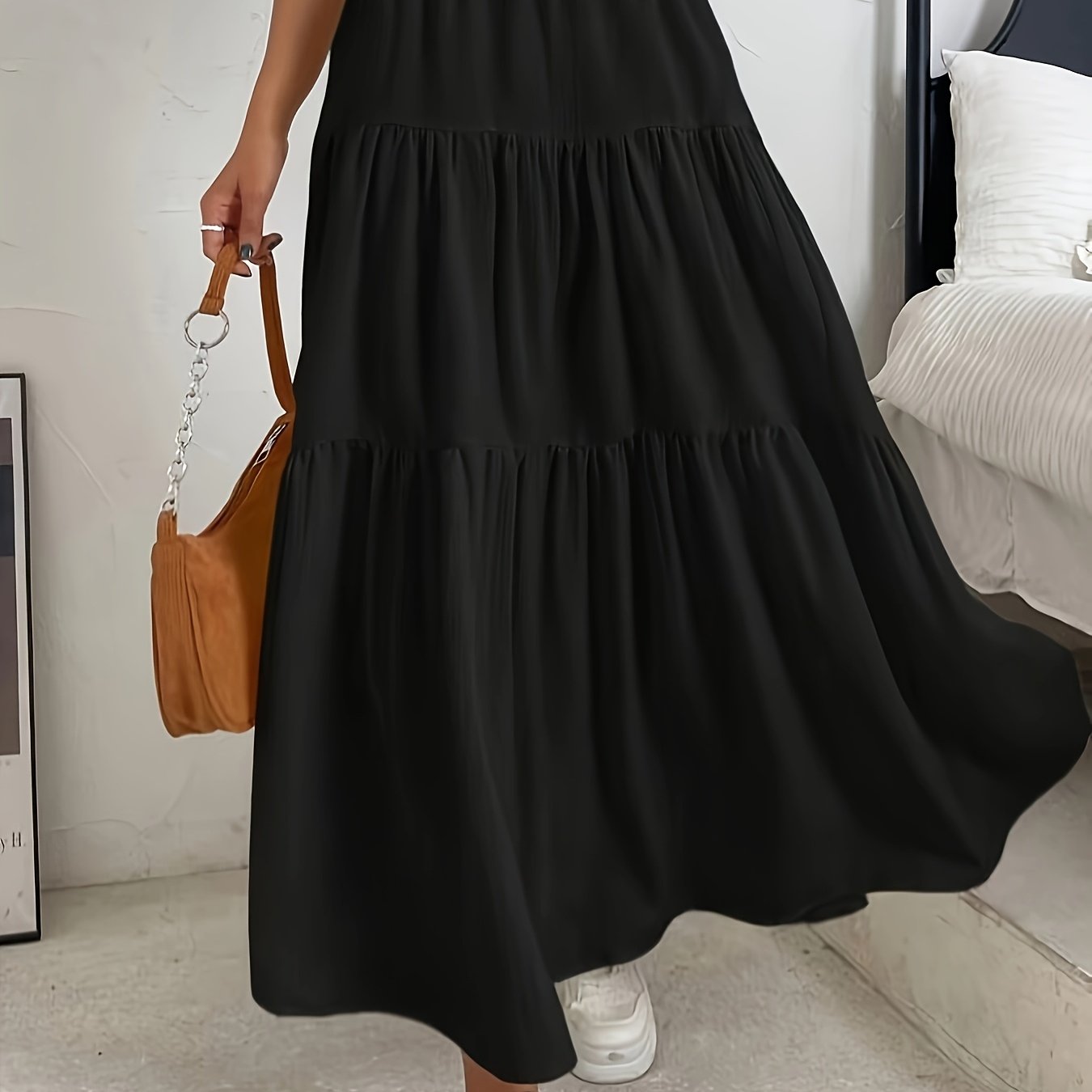 Black Ruched Flowy Half Skirt Women's High-waist Tiered Skirt