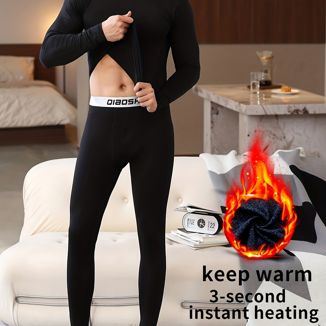 TEMU Men's Stand Collar Warm Underwear Set With Lining, Thermal Insulation, Cold Protection, Comfortable Mid-neck Elastic Set, Autumn And Winter Long