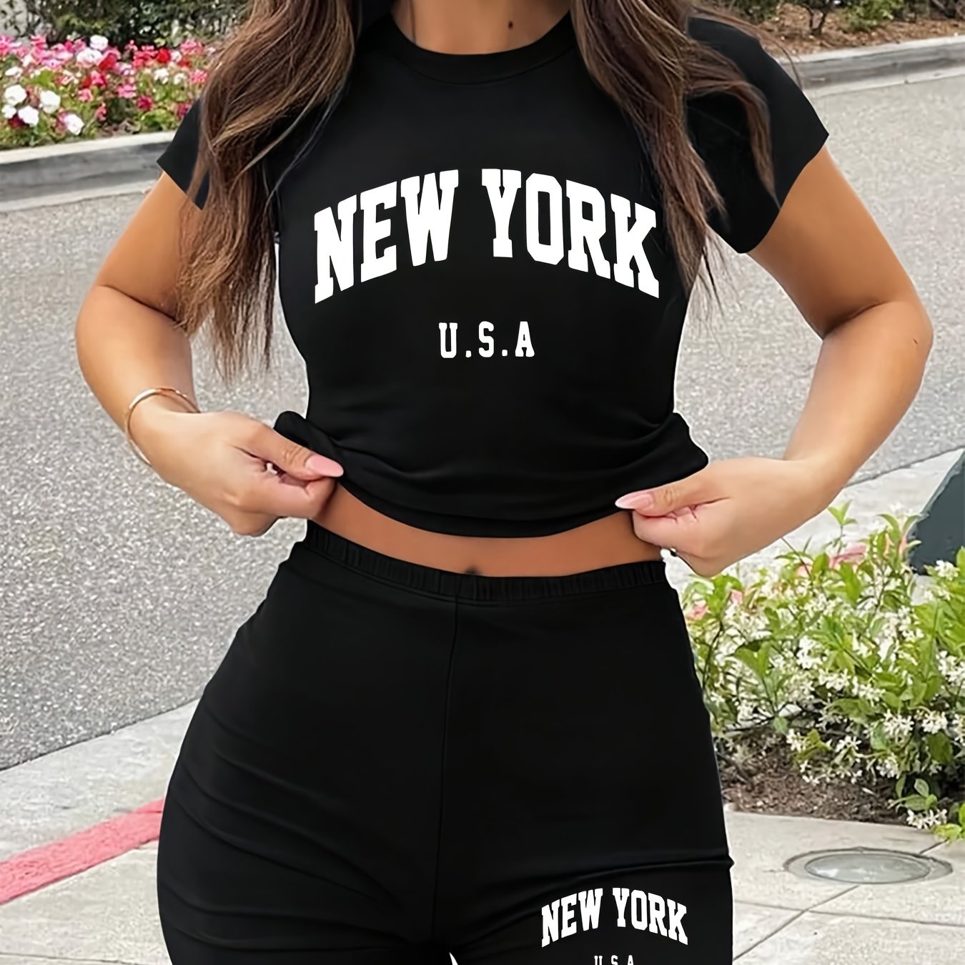 Ženski evropsko-ameriški športni , okrogel vrat, kratke rokave in kratke hlače, črkovni print, ohlapen kroj za prosti čas, eleganten za