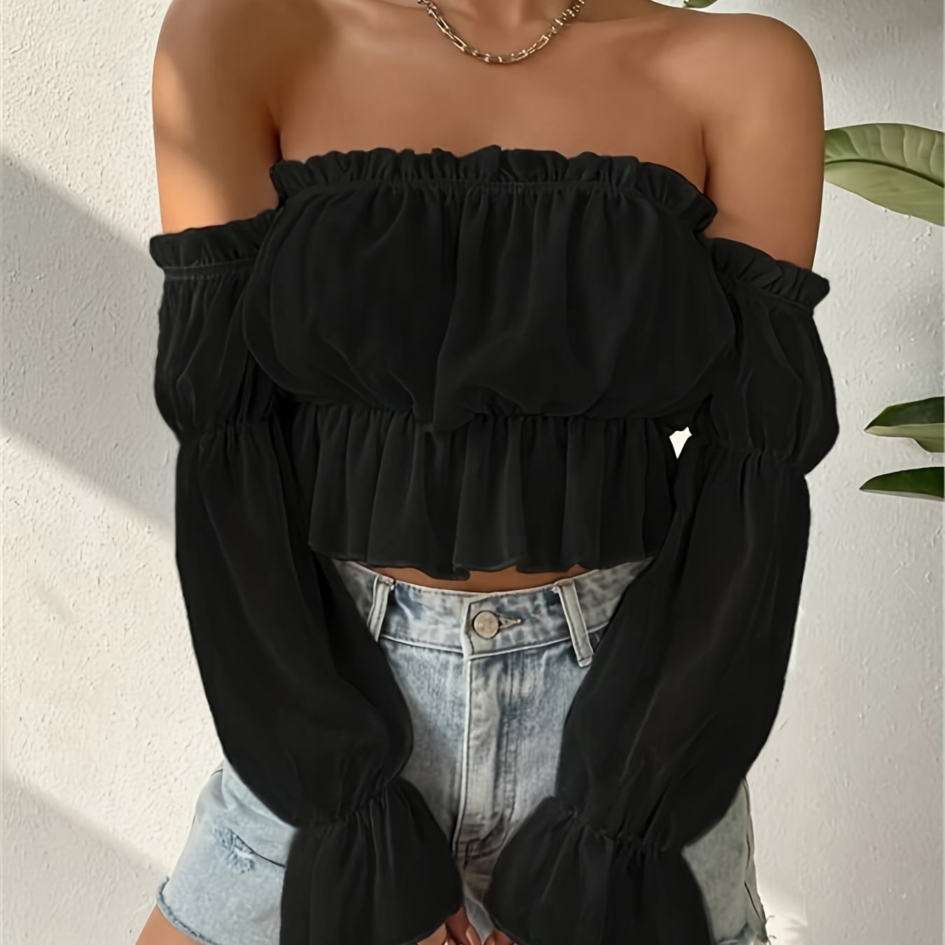 solid shoulder louse, elegant long sleeve ruched crop top, women's