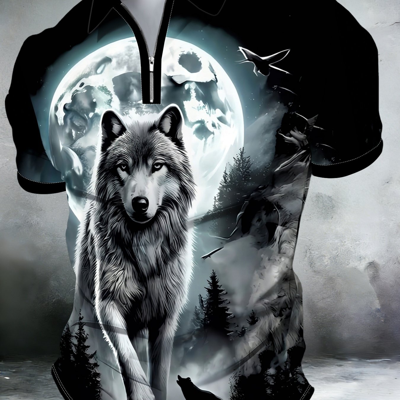 TEMU Men's Fashion Wolf Totem Forest Zip Shirt Animal Pattern Casual Collar Short Sleeve Top