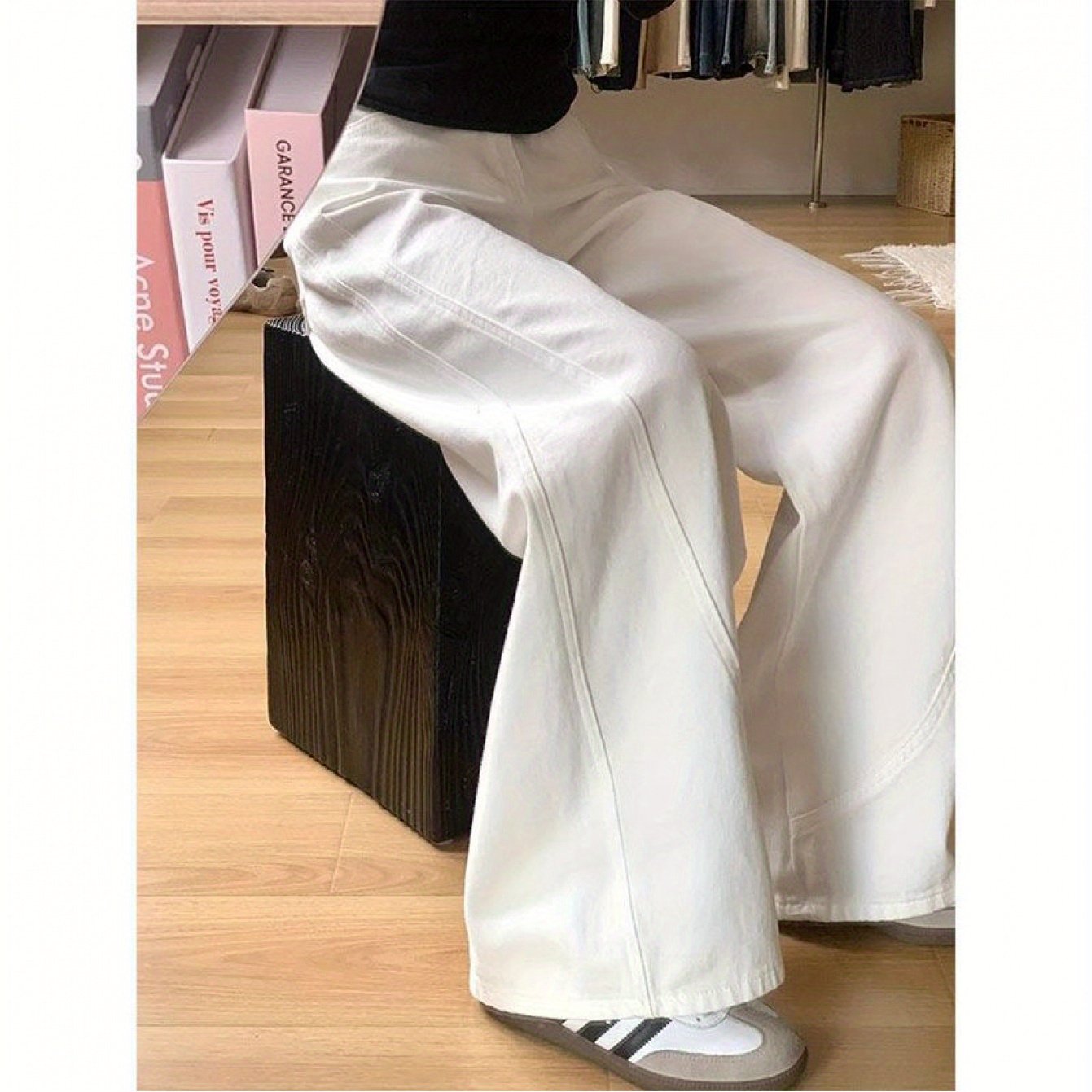 TEMU 女性用ハイウイドレッグドジーンズ - トなゆったりフィット夏デニムパンツ、ボタンディテール付き、ホワイト、高腰、カジュイル、快適ファッション、透けない生地