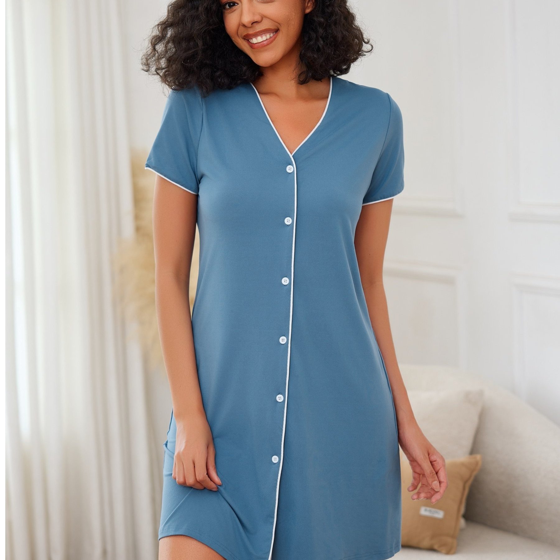 Image of 3in 1 Labor/delivery/hospital Gown Maternity Dress Nursing Nightgown V Neck Solid Color Short Sleeves Button Up Sleep Dresses, 2026 & Summer Arrivals, And Breathable