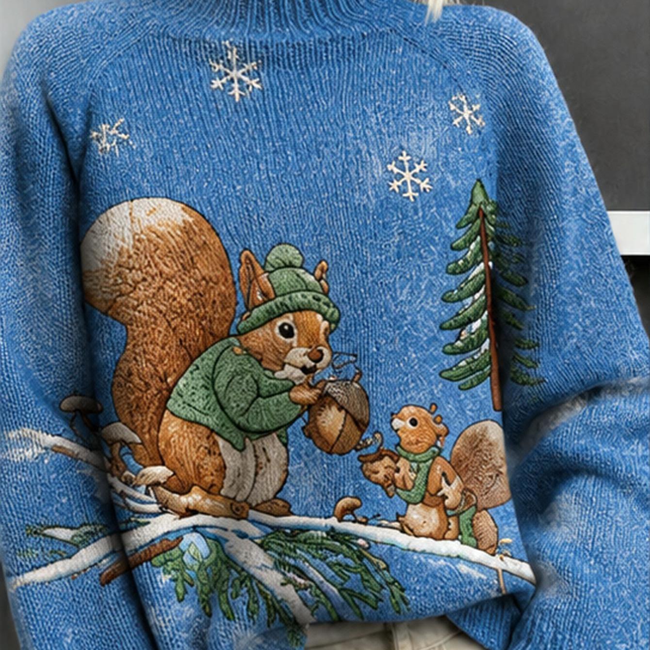 Image of Plus Size Women's High-neck Autumn And Winter New Lazy Style Sweater Top, Blue Winter Squirrel Print Turtleneck Sweater For Women Casual And Elegant Winter Top, Urban Commuting Basic Versatile