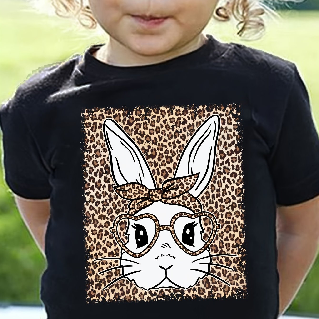 Txr40017 Easter Girl Cute Leopard Crew Neck Pullover T-shirt Comfortable Versatile Kids Short Sleeve
