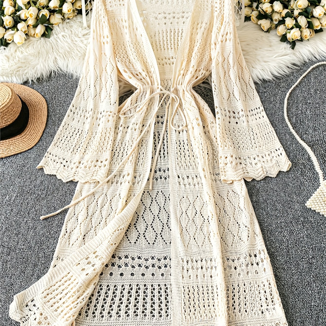 Women' Color Beach Vacation Romantic Crochet Mesh Drawstring Tie Bow Cardigan Western Clothing