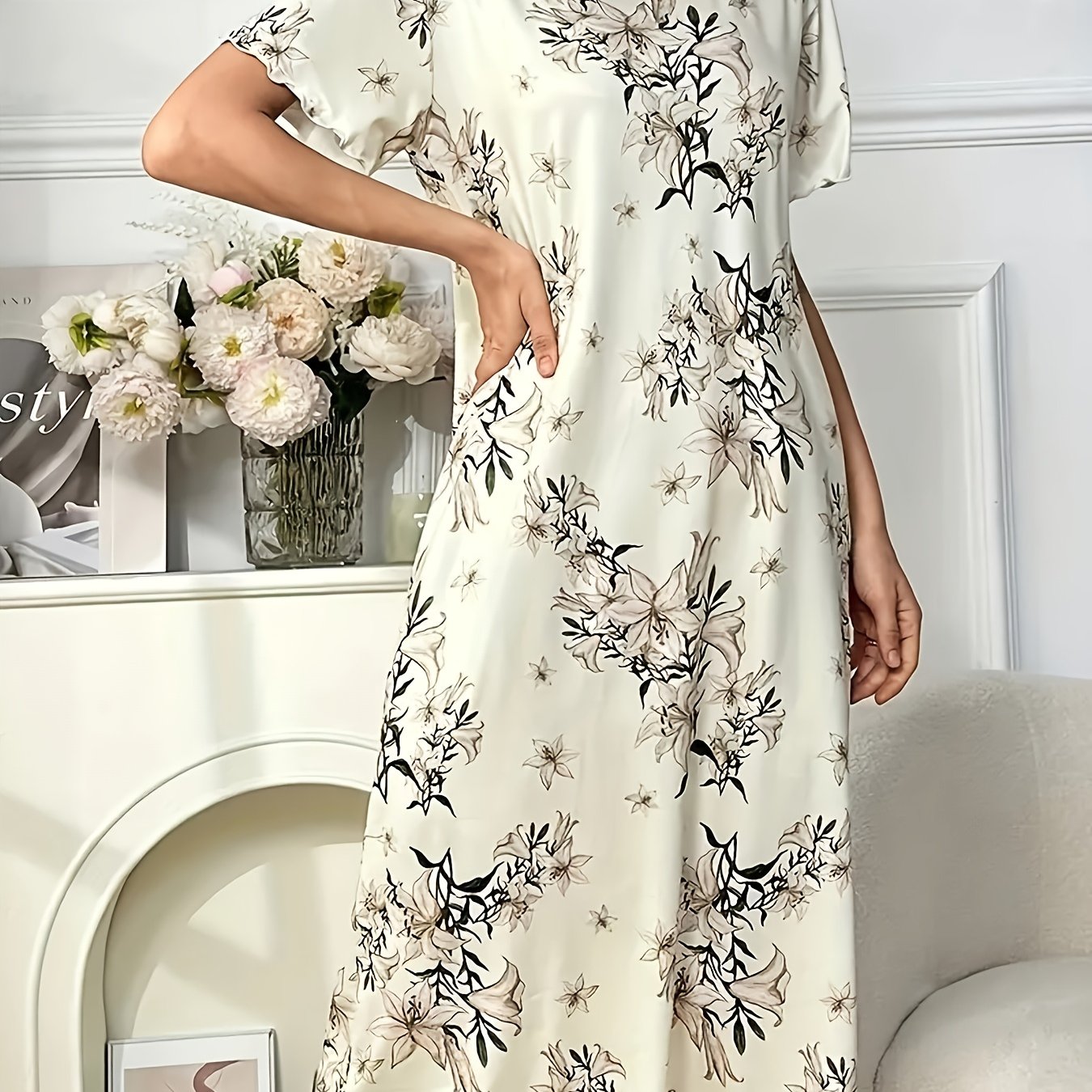 TEMU Floral Print Short Sleeve T-shirt Nightgown