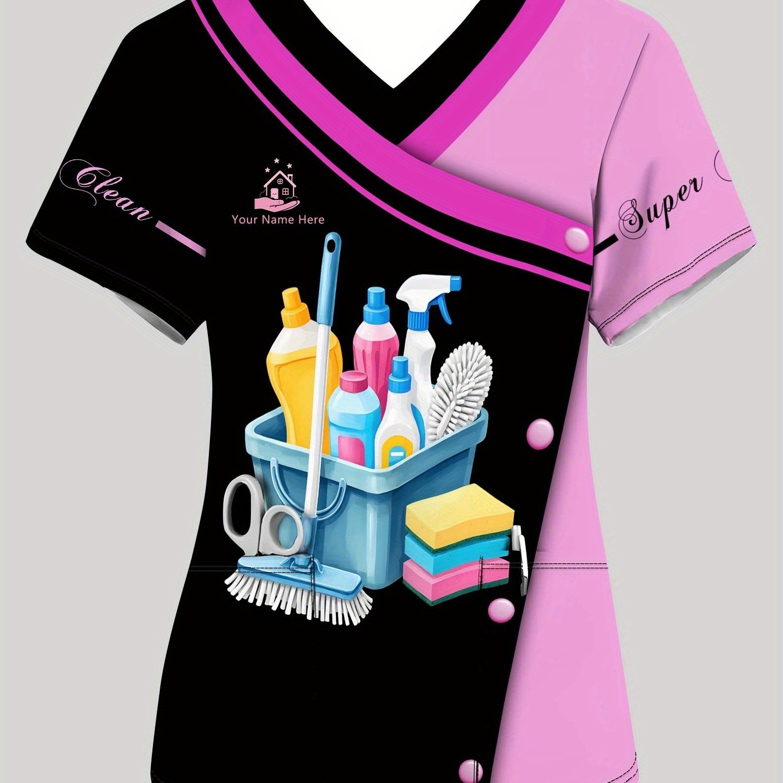 TEMU T-shirt da lavoro con e scollo a personalizzato, divisa per lavanderia, e , corta con stampa lavanderia, traspirante, top da infermiera con