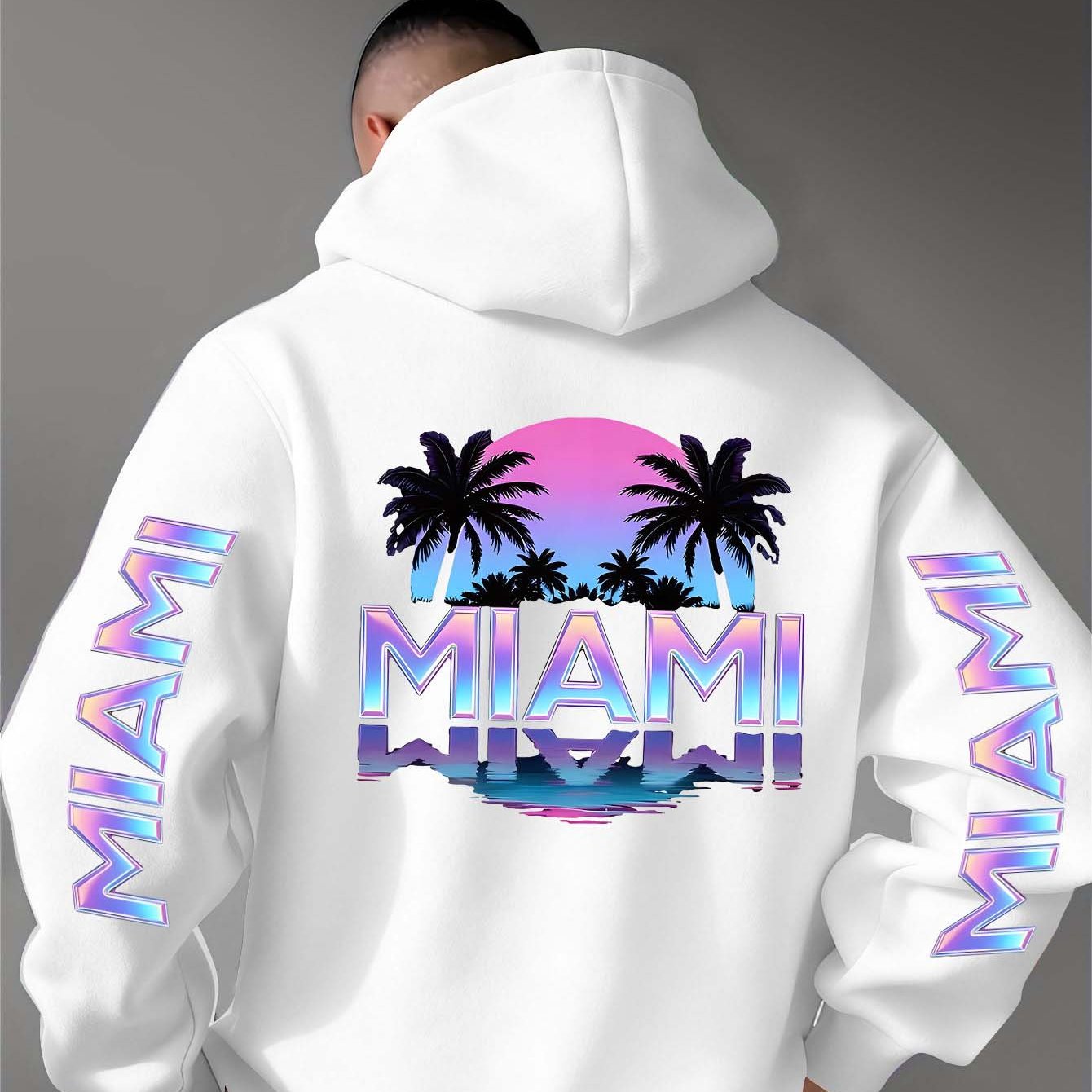 Image of Symbol Hoodie, Gradient Sunset And Palm Tree Miami Font Pattern Print, Of , Symbol For Enthusiast Exchange! Men's Hoodie, Skin-friendly Fabric, Soft And