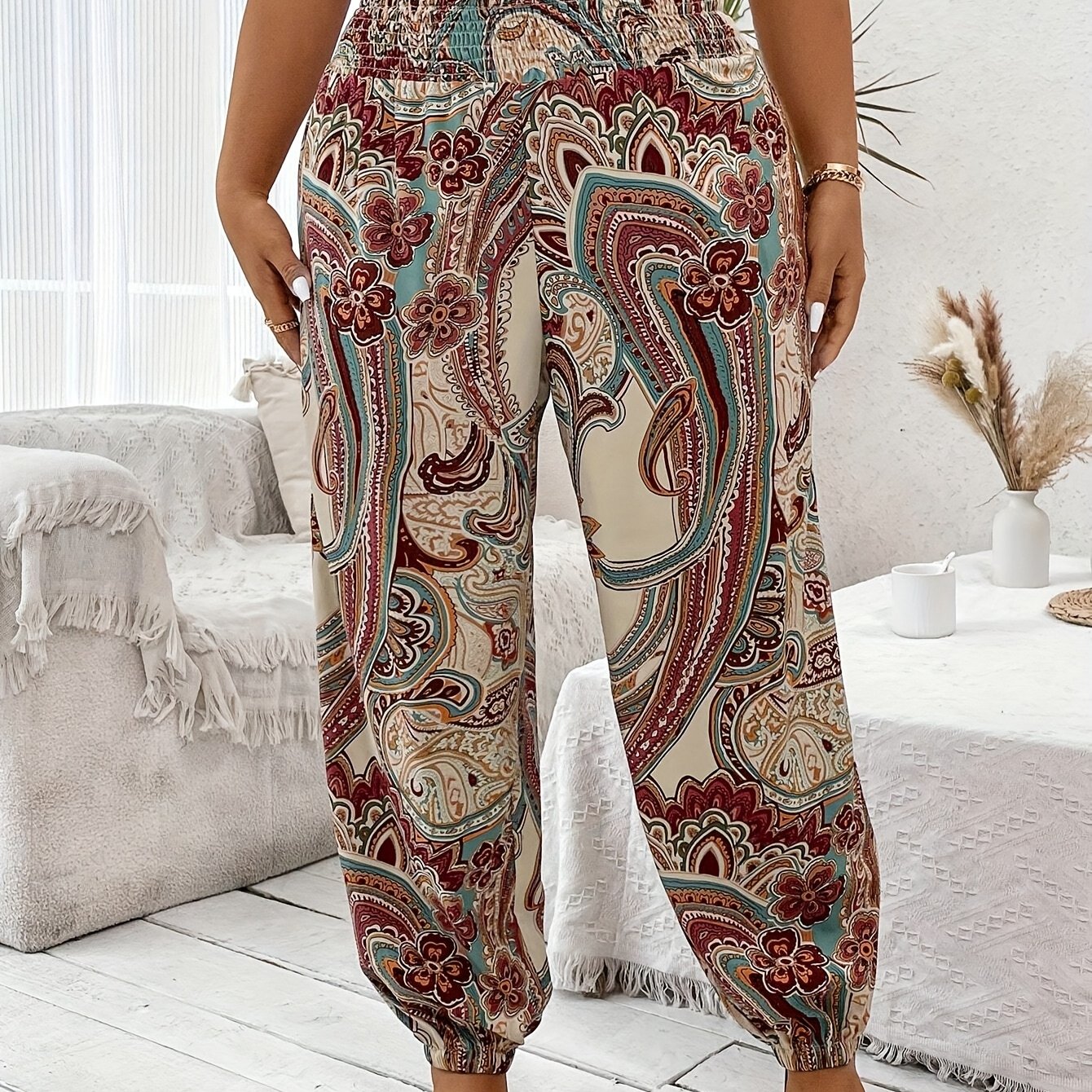 Image of Vacation Full Body Printed High-waist Elastic Waist Fashion Long Pants