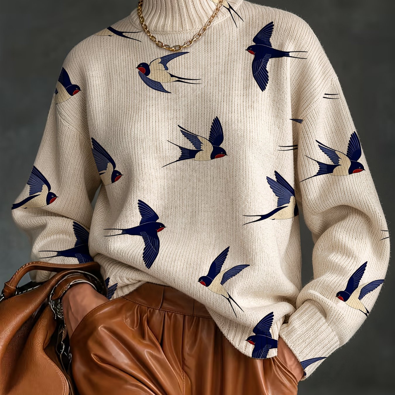 TEMU [2d Digital Printing] Trendy Women' Print Sweater, Autumn/winter Chimney Neck Warm Long-sleeve Pullover, Elegant And Versatile Sweater, Suitable