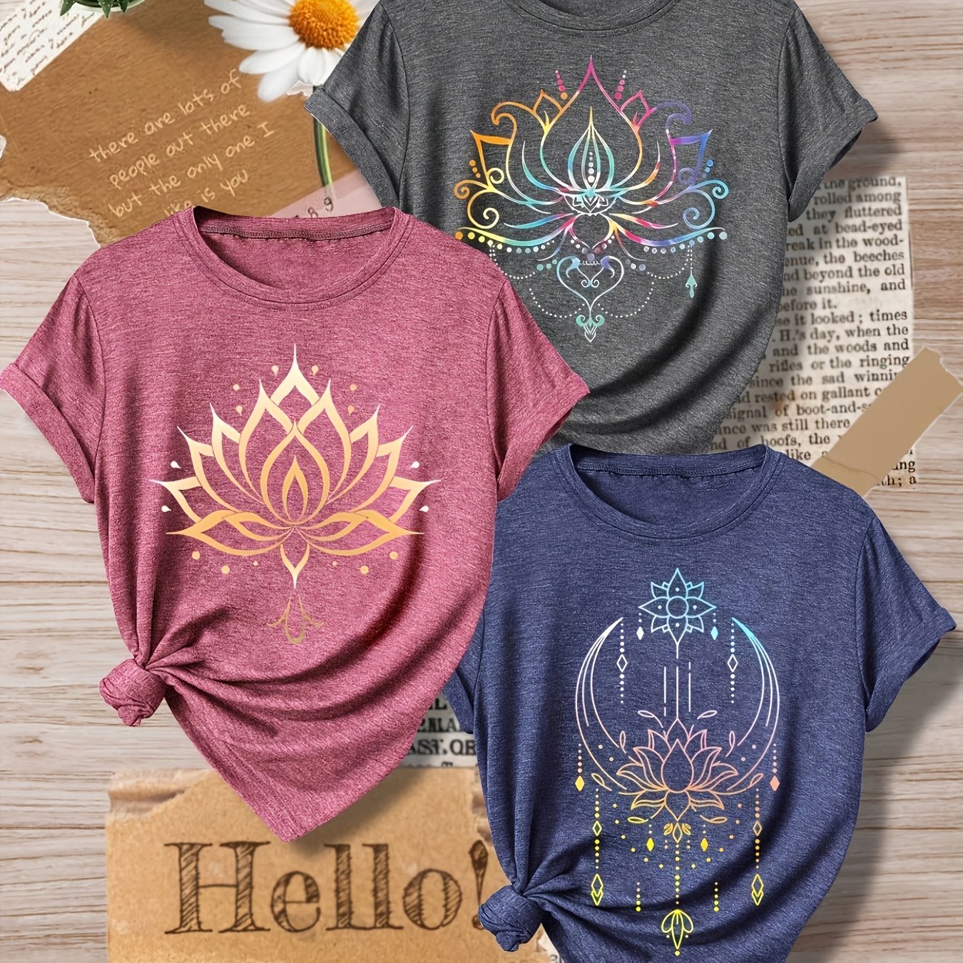 TEMU Three-pack Women' Short Sleeve For Lotus Print Round Neck Casual Loose Summer T-shirt, Fashionable Vacation Daily Versatile Top, Multiple Colors