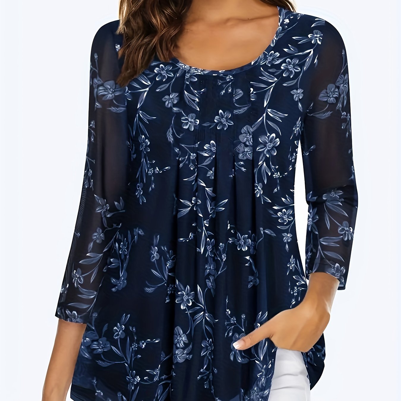 Image of Plus Size, Women's Elegant Floral Print Mesh Three-quarter Sleeve Blouse