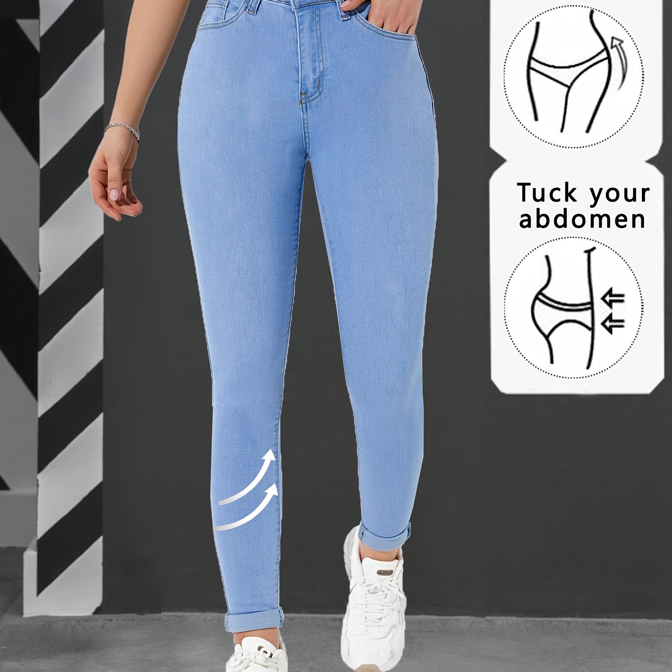 Light Blue Fashionable Elegant Solid Color Stretch Women's Skinny Jeans