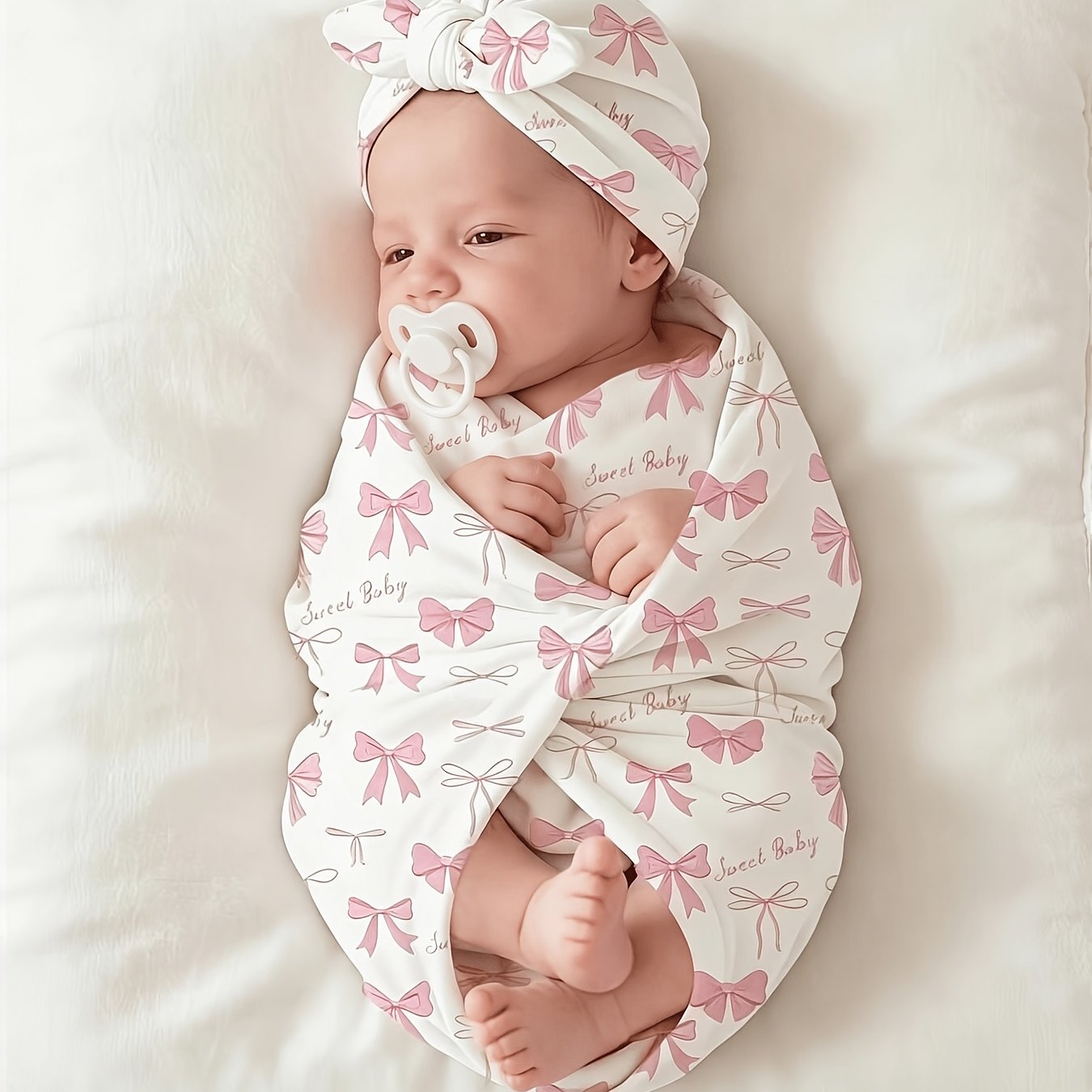 TEMU 2-piece Newborn Receiving Blanket And Bow Hat Set, Unisex Newborn Receiving Blanket For Girls And Boys, Soft And Skin-friendly Inches Hd15