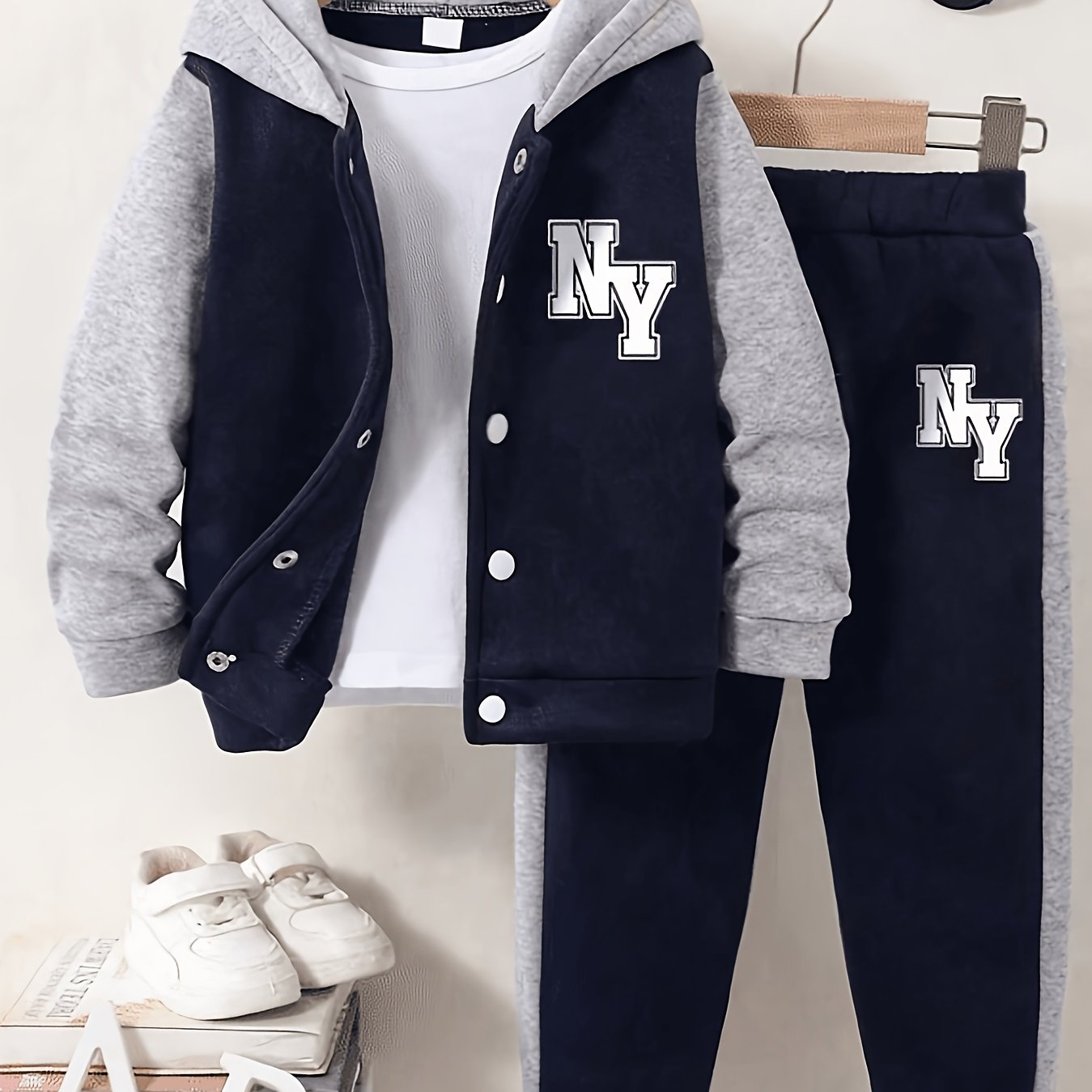 TEMU Ensemble de sport décontracté 2 pièces pour garçon, printemps/automne, veste à capuche à blocs de couleur avec lettre NY + pantalon de jogging,