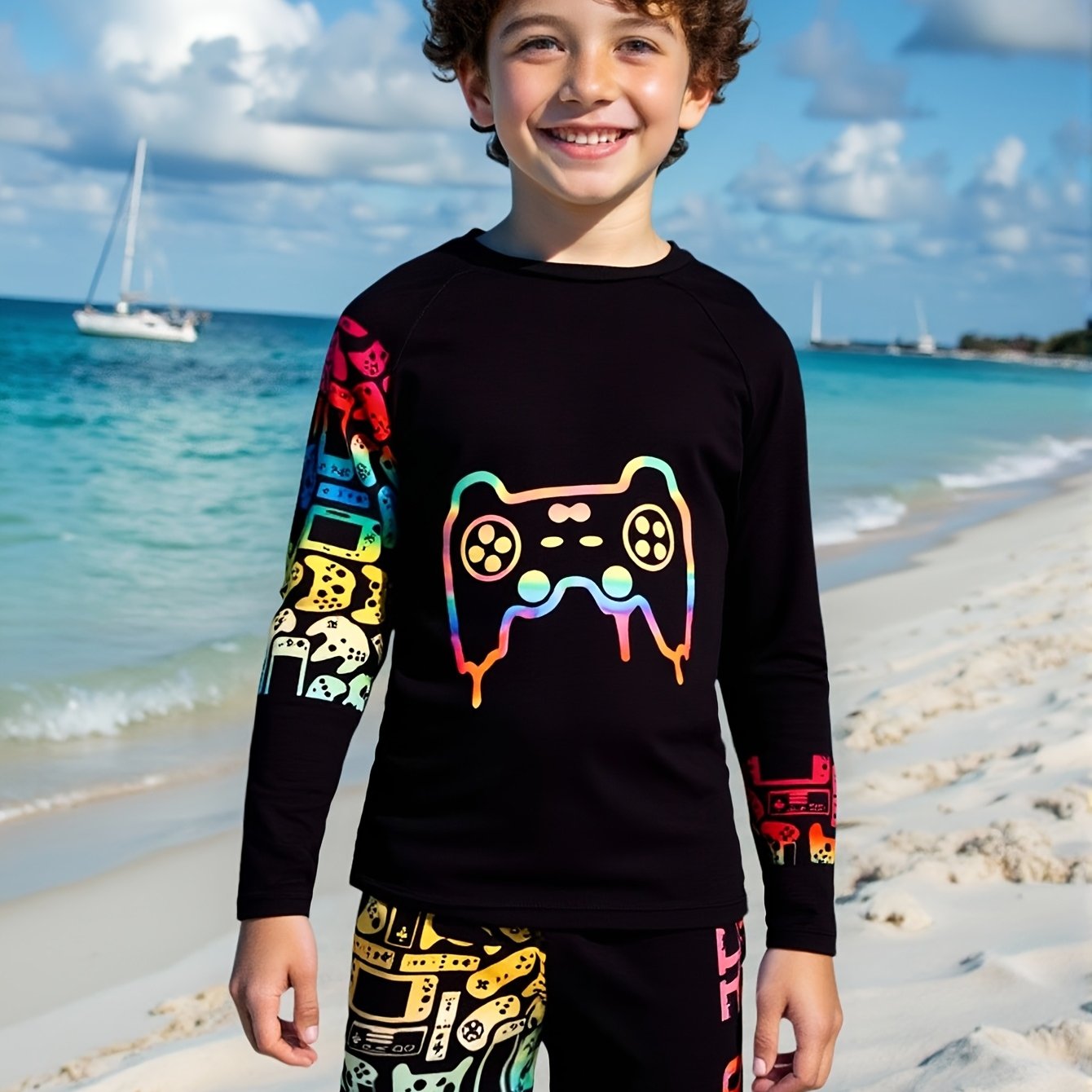TEMU Boys' Fashionable Two-piece Swimsuit Set, Outdoor Activities, Swimwear, Beachwear, Design, , Stylish Swimwear, Swimwear, Boys' Swimwear, Style,