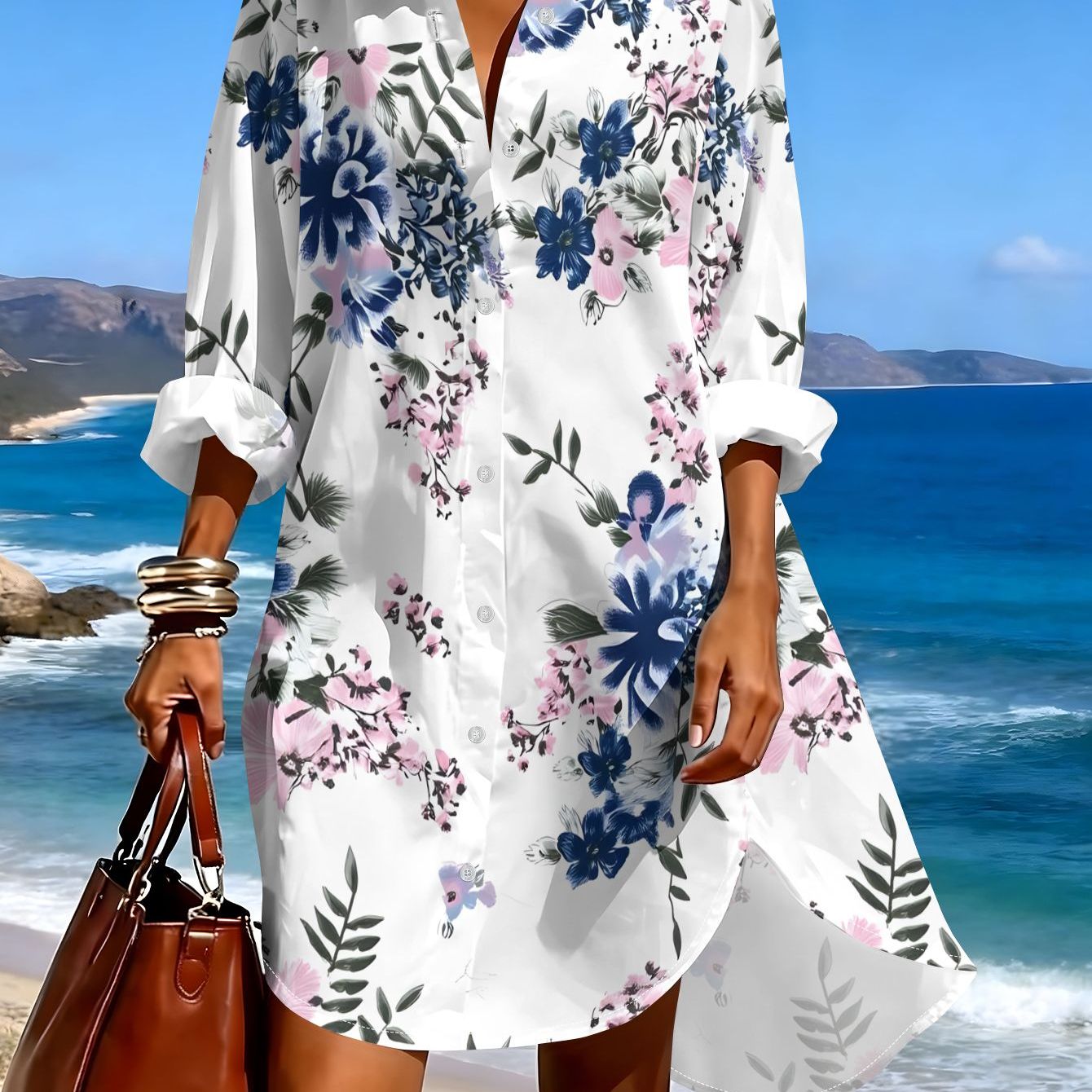 TEMU White Printed Long Sleeve Shirt, Summer Casual
