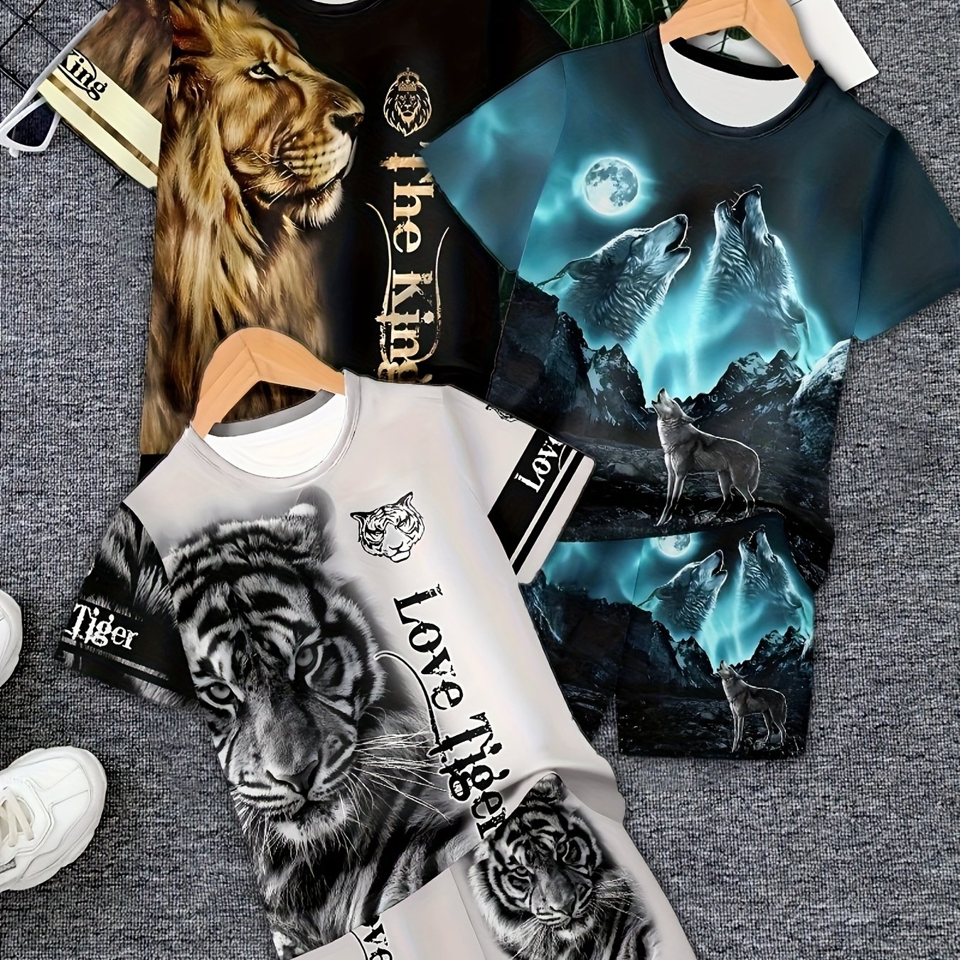 6pcs Set, Tiger, Lion, And Wolf Print, Boys' Fashion Casual Printed Pattern, Boys' T-shirt Short Sleeve Set With Shorts, Casual Sportswear, Fitness And Outdoor Sports Outfit, Perfect For Outdoor